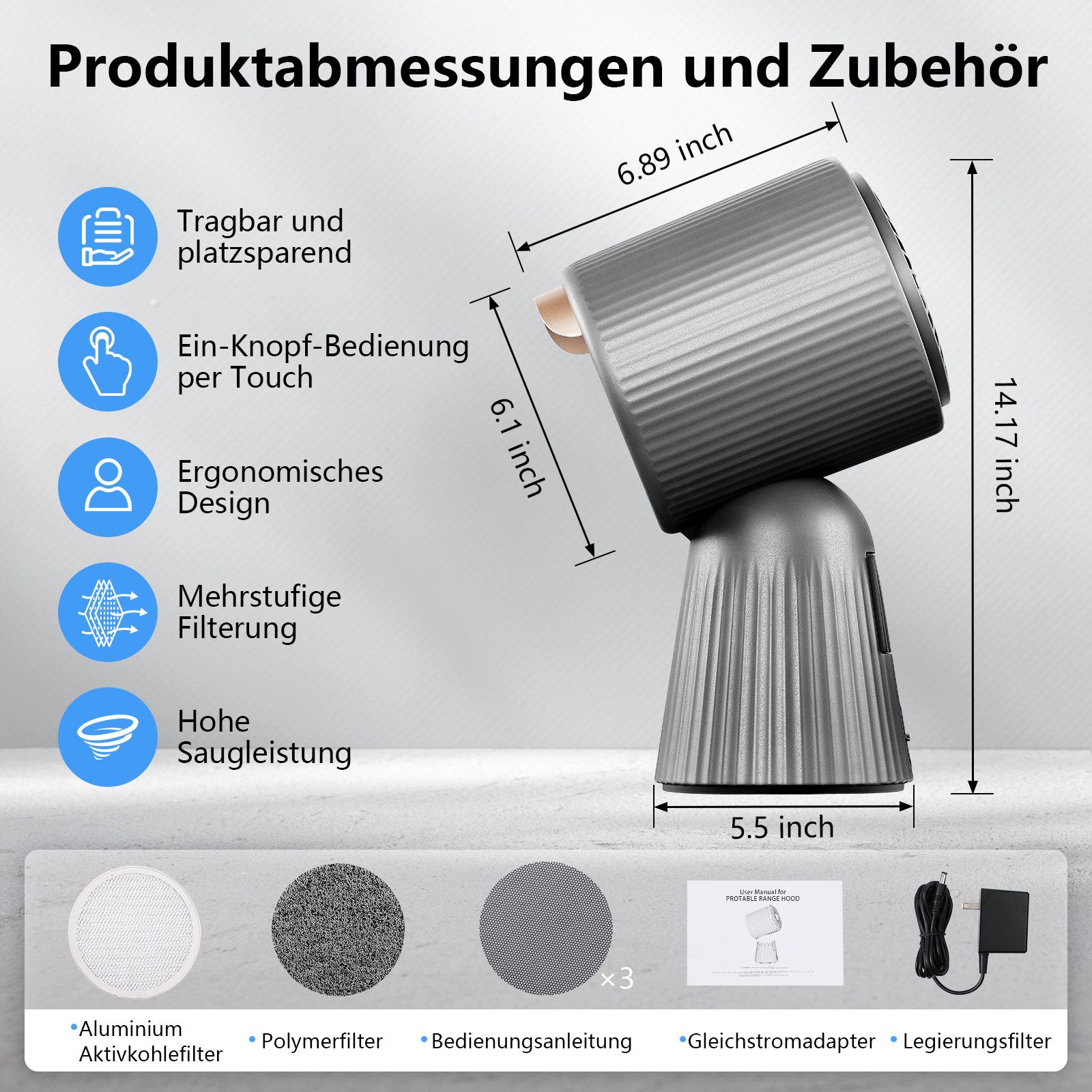 SNDOAS Absauganlage mobile Mini-Tischdunstabzugshaube Umluft, 180 m³/h, 3 Leistungsstufen, 24 W, (1-tlg), Kohlefilter-Rezirkulation, für Küche, Wohnung, Wohnmobil, A+