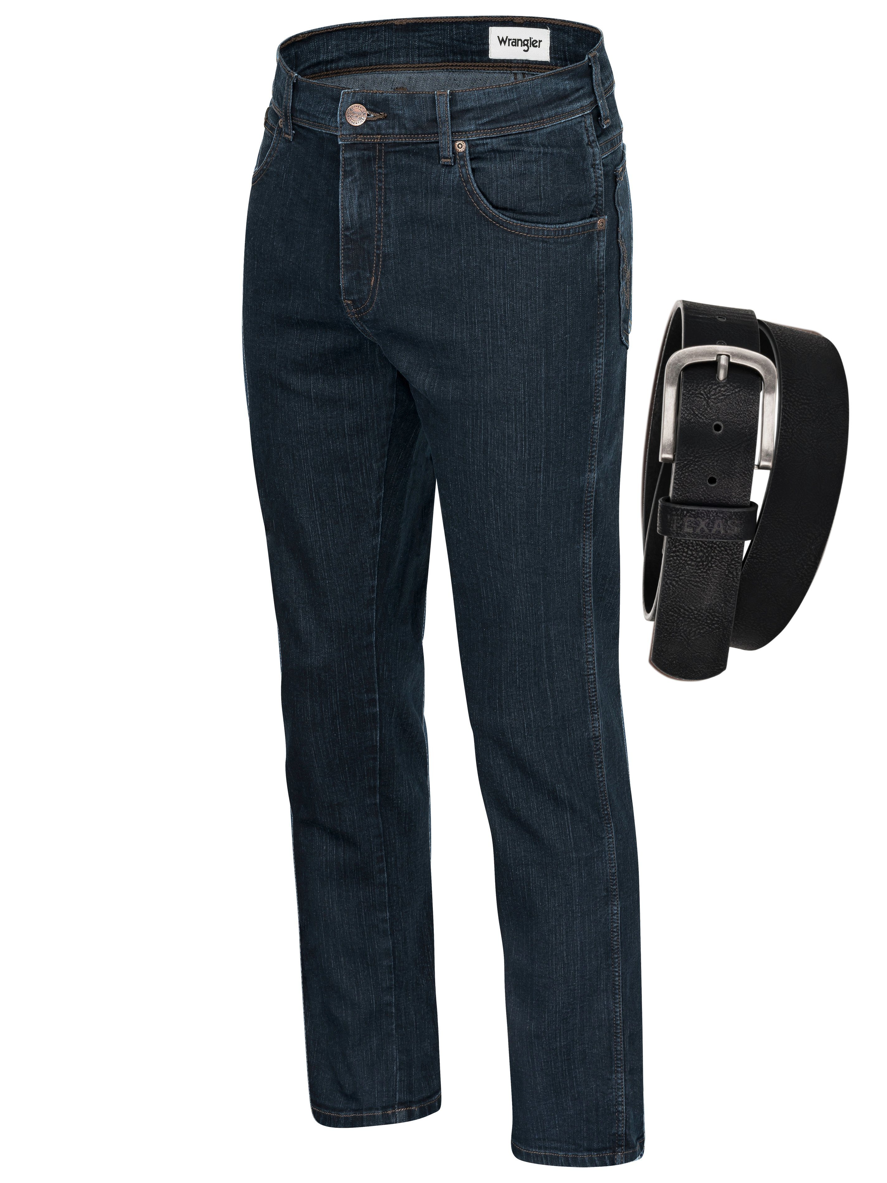 Wrangler Straight-Jeans Texas Authentic Straight Herrenjeans Jeans Stretch mit Gürtel Blue Black + schwarzer Gürtel