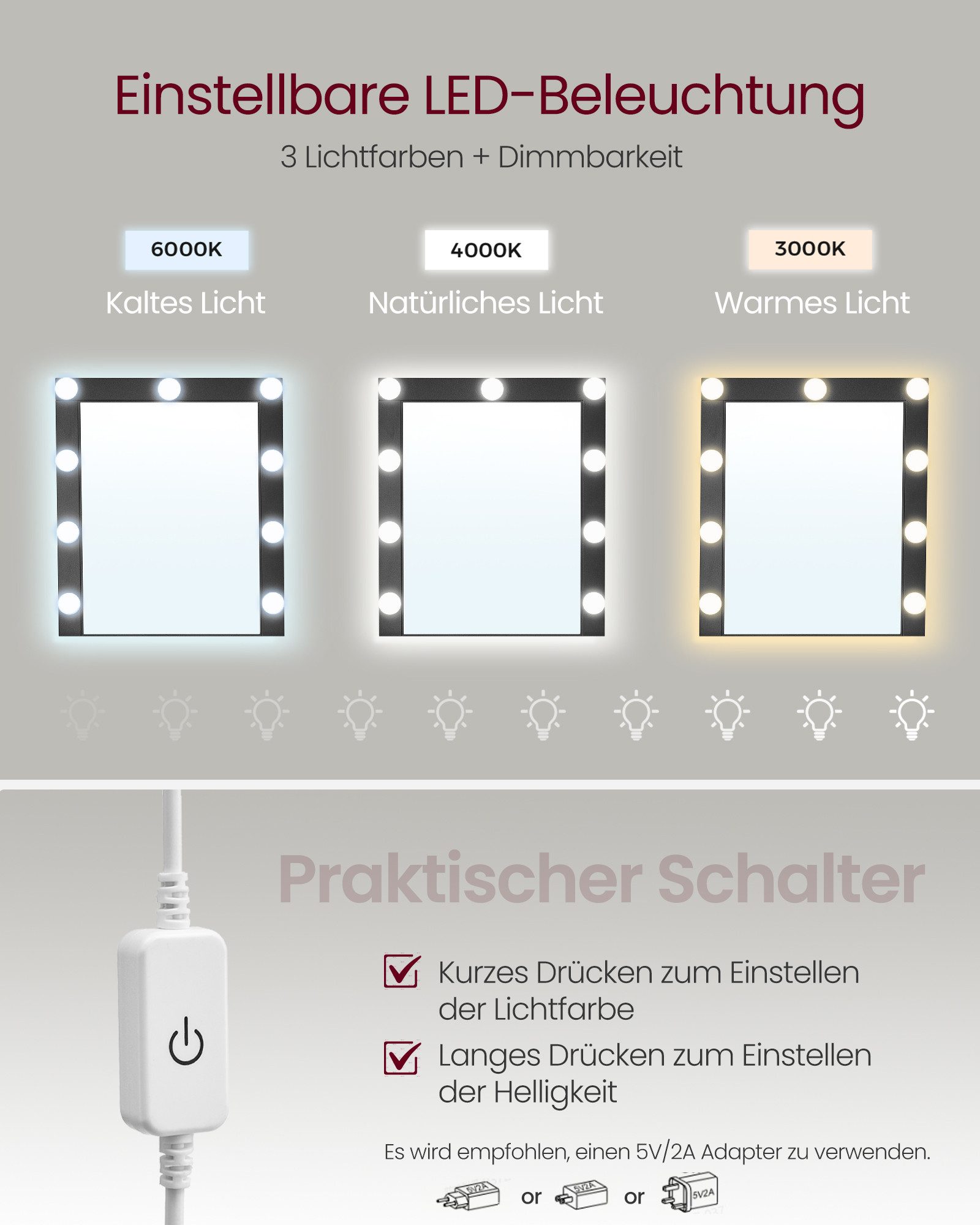 VASAGLE Schminktisch Kosmetiktisch mit LED-Beleuchtung, einstellbare Helligkeit, modern (1 Tisch), mit 2 Schubladen und 3 offenen Fächern