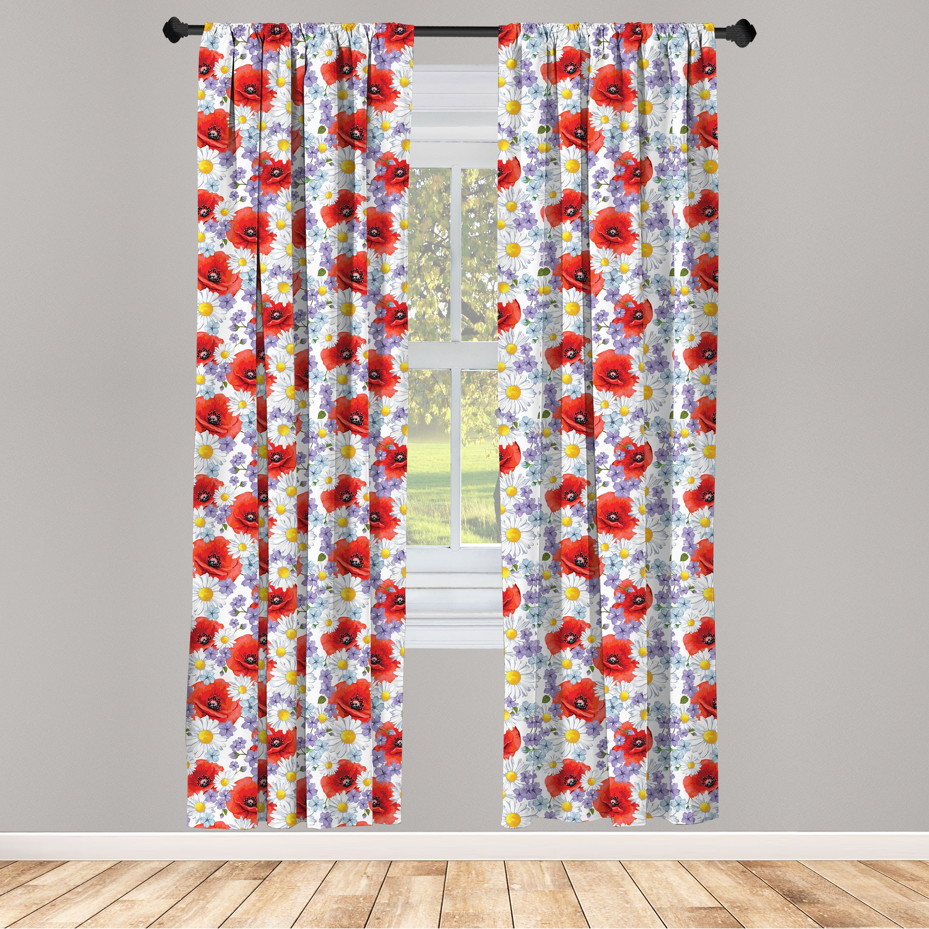 Gardine Vorhang für Wohnzimmer Schlafzimmer Dekor, Abakuhaus, Microfaser, Bunt Poppy und Daisy Blume | Fertiggardinen