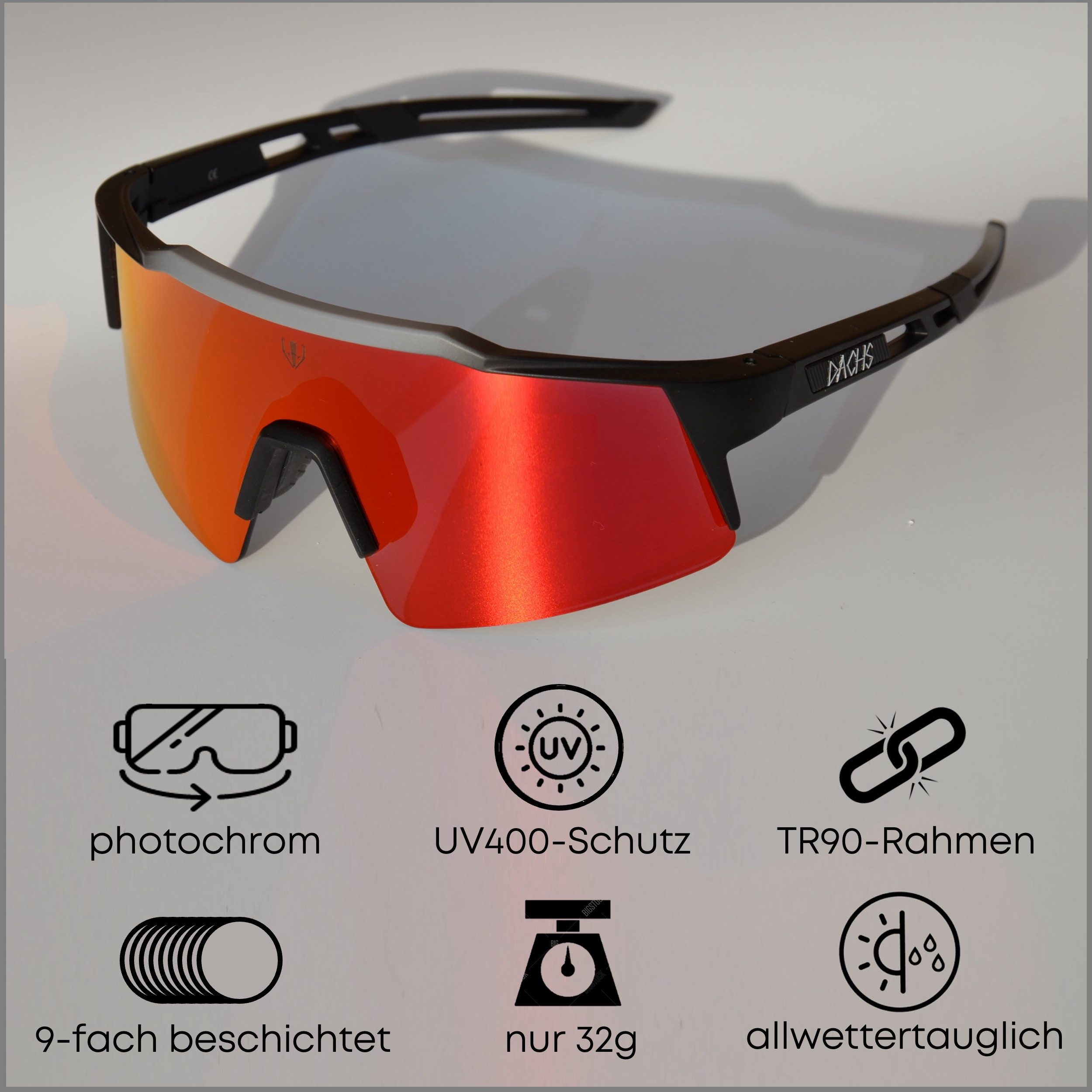 Dachs Sport Fahrradbrille DACHS Photochromatische Sonnenbrille - Selbsttönende Unisex Radbrille, UV Schutz 400