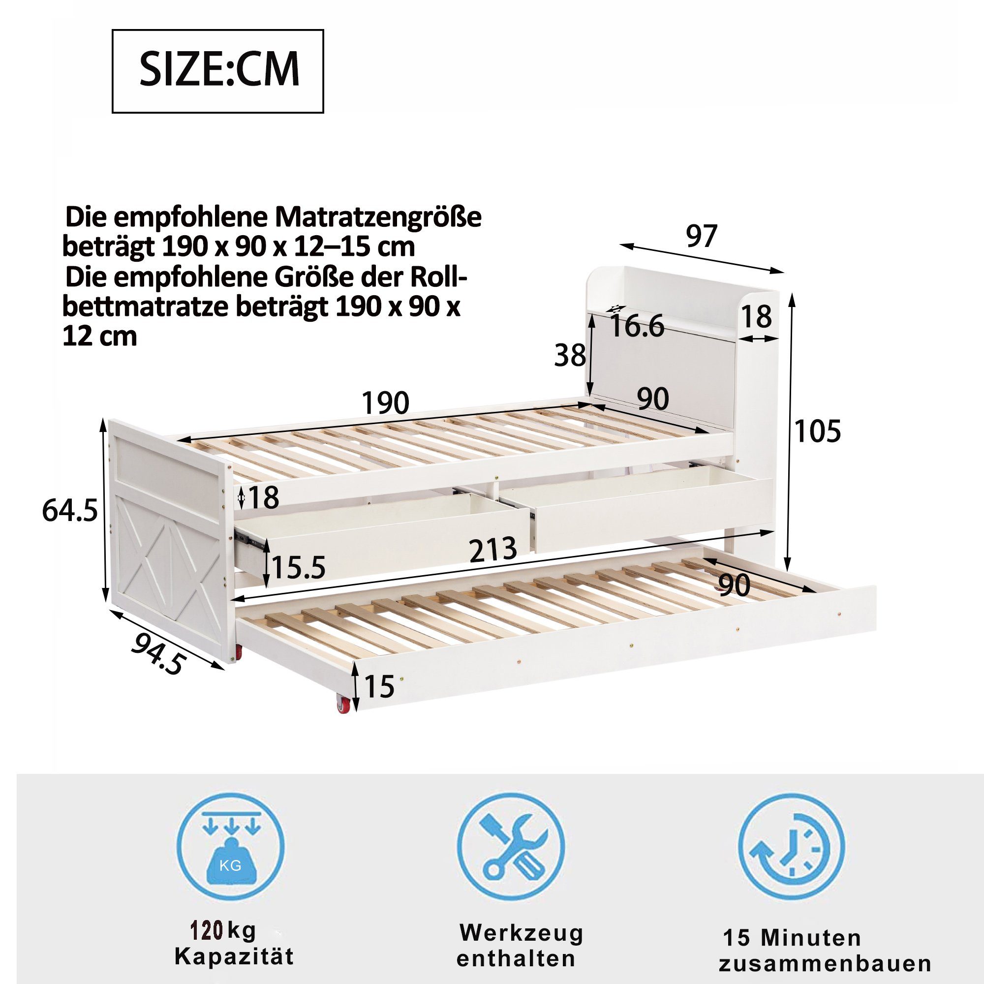 Massivholzbett (Stauraumbett, Kinderbett 90x190cm), mit 2 Schubladen, Stauraumfach, USB Ladefunktion und Ausziehbett