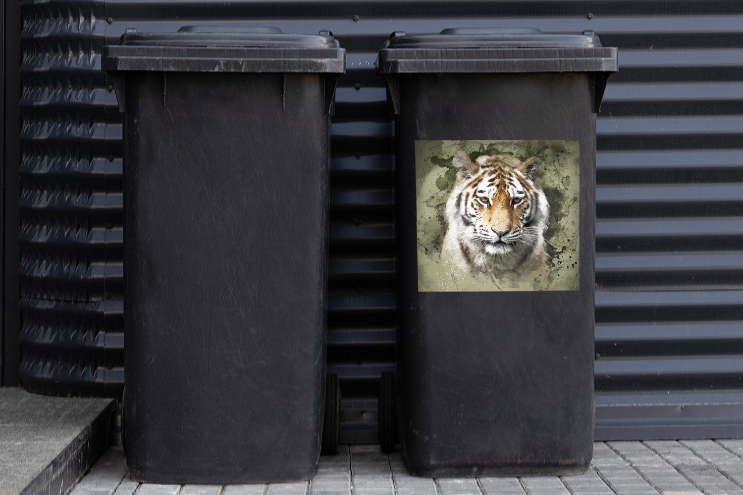 - Mülleimer-aufkleber, (1 Sticker, Container, Tiger Mülltonne, - St), Aquarell Abfalbehälter MuchoWow Wandsticker Grün