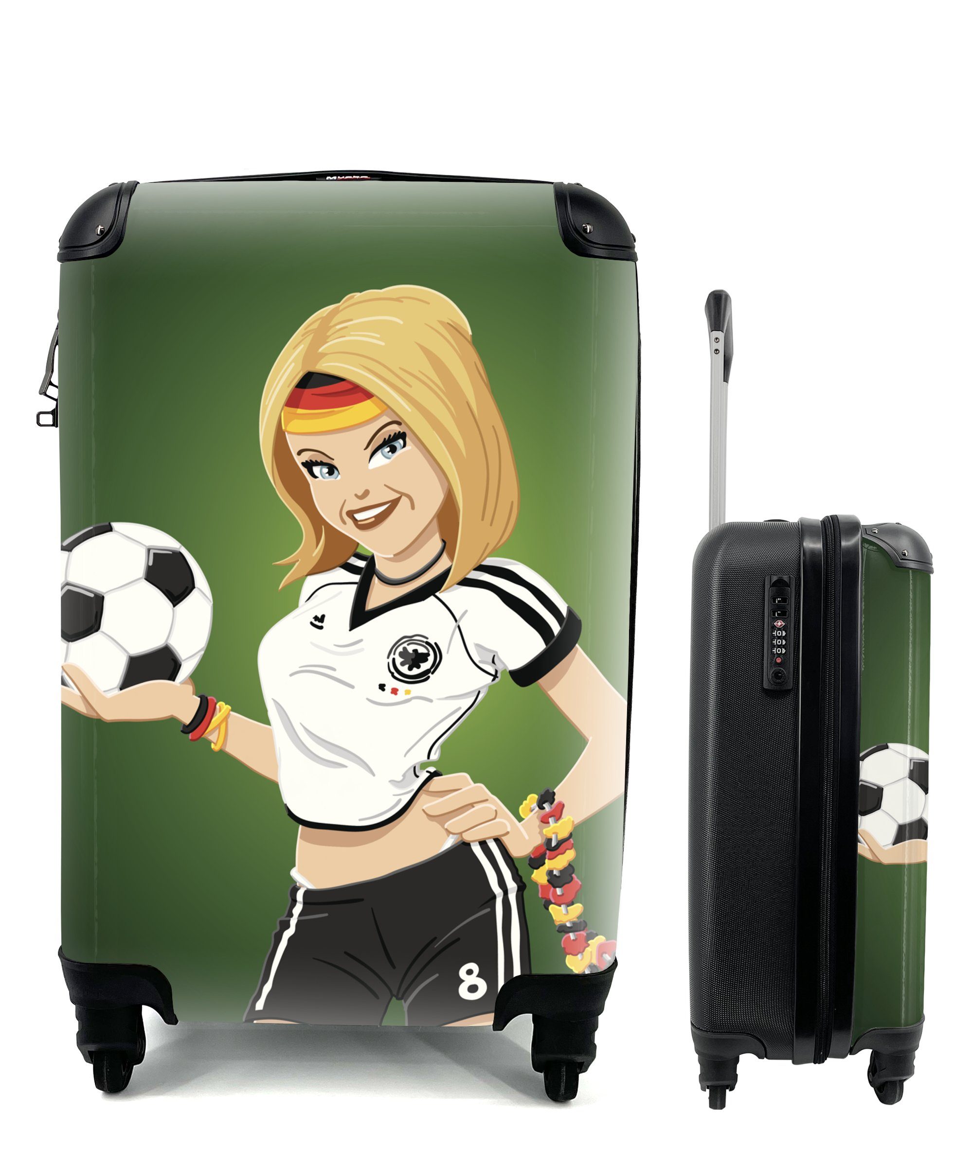 MuchoWow Handgepäckkoffer Illustration eines Mädchens mit deutscher Kleidung und einem Fußball -, 4 Rollen, Reisetasche mit rollen, Handgepäck für Ferien, Trolley, Reisekoffer