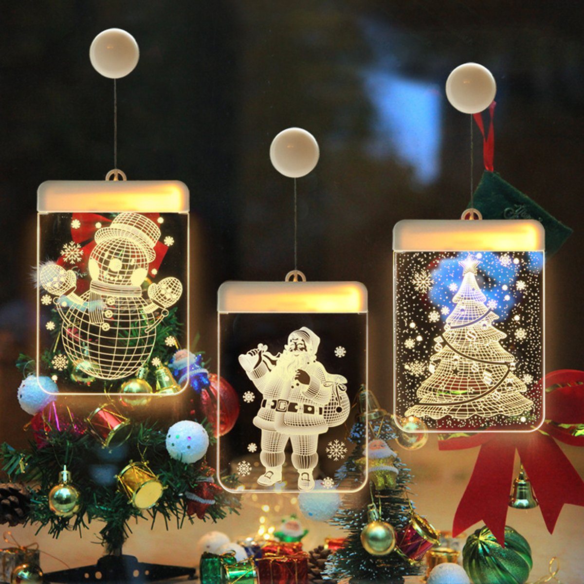 Rosnek Beleuchtetes Fensterbild 3D-Effekt, hängend, für Weihnachten Store Glas Wand Deko, Fensterdekoration Lichter; Weihnachtsmann Schneeflocke Baum Schneemann