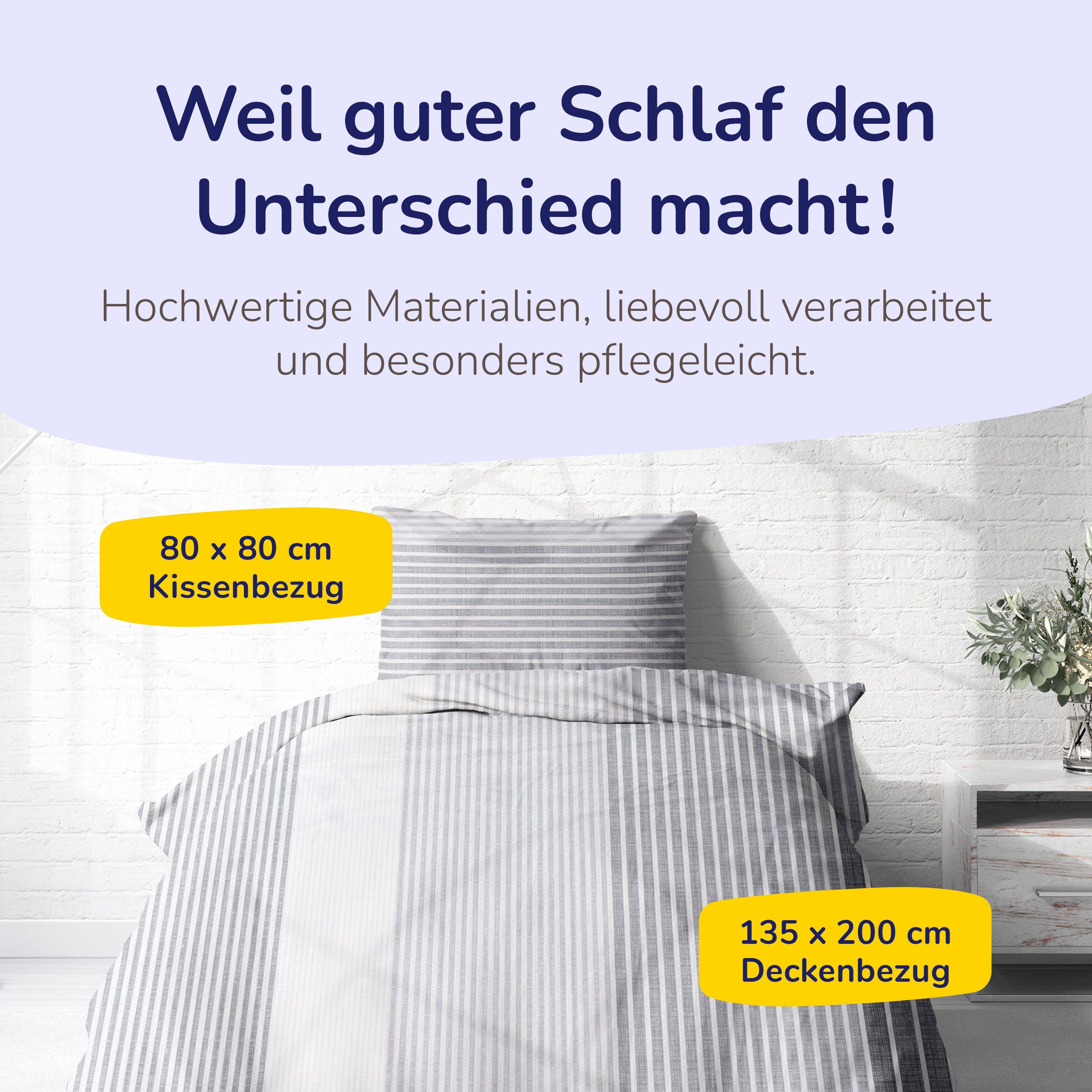Träumschön Bettwäsche Premium Set aus Baumwolle 135x200 oder 155x220 cm, Gestreift grau, Baumwolle, 2 teilig, mit Reißverschluss, luftig und leichte Sommerbettwäsche