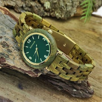 Holzwerk Quarzuhr USLAR kleine Damen Edelstahl & Holz Armband Uhr, oliv grün, gold