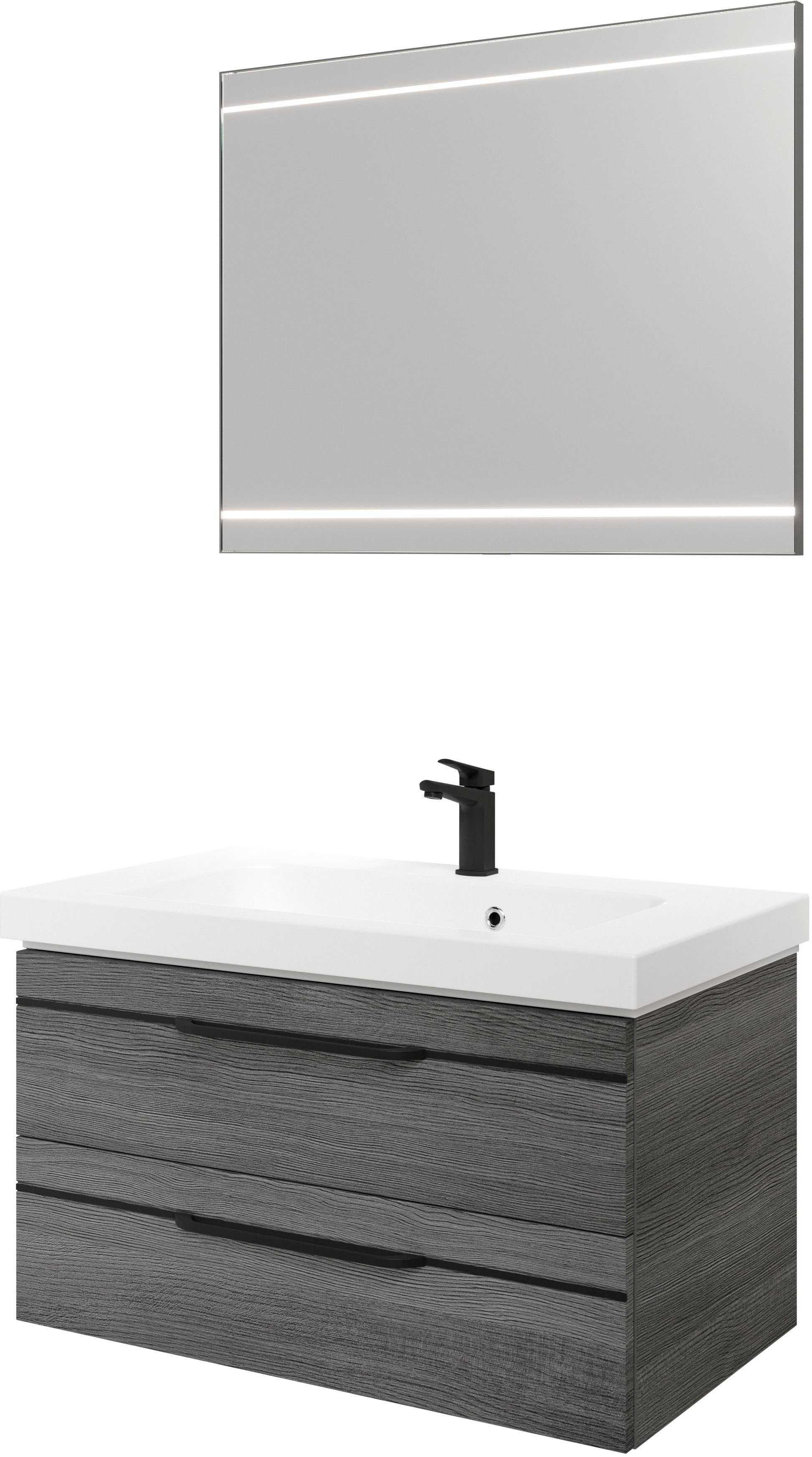 Saphir Badmöbel-Set Balto 2-teilig Mineralmarmor-Waschtisch mit LED-Spiegel, Waschplatz, (2-St), 92 cm breit, mit 2 Schubladen, Badschrank inkl. Schubladendämpfer