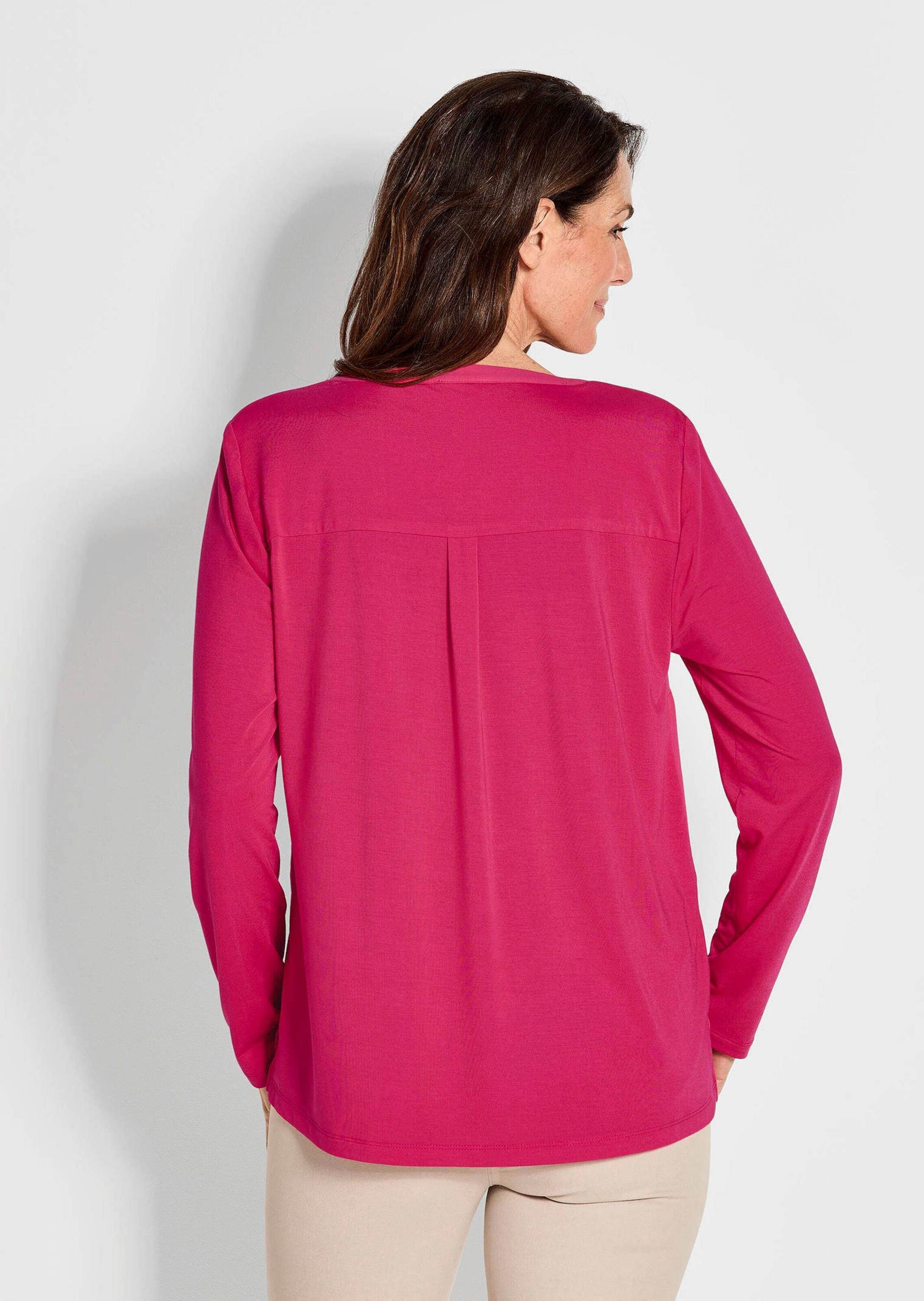 GOLDNER Shirtbluse Elegantes Chiffonshirt mit Jersey-Details Langarmshirt mit Rundhals und V-Schlitz und langen Ärmeln