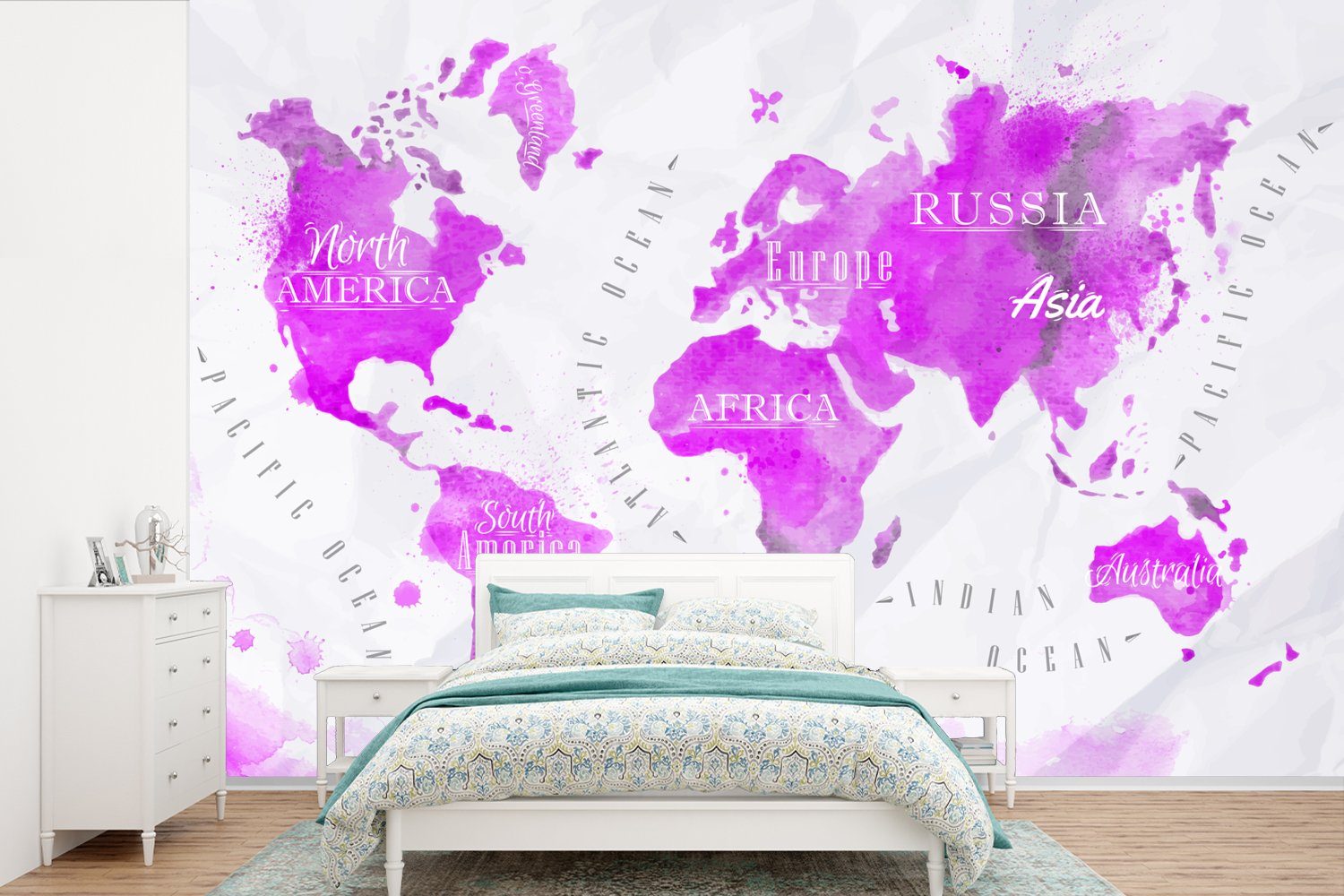 MuchoWow Fototapete Weltkarte - Rosa - Ölfarbe, Matt, bedruckt, (6 St), Wallpaper für Wohnzimmer, Schlafzimmer, Kinderzimmer, Vinyl Tapete | Fototapeten