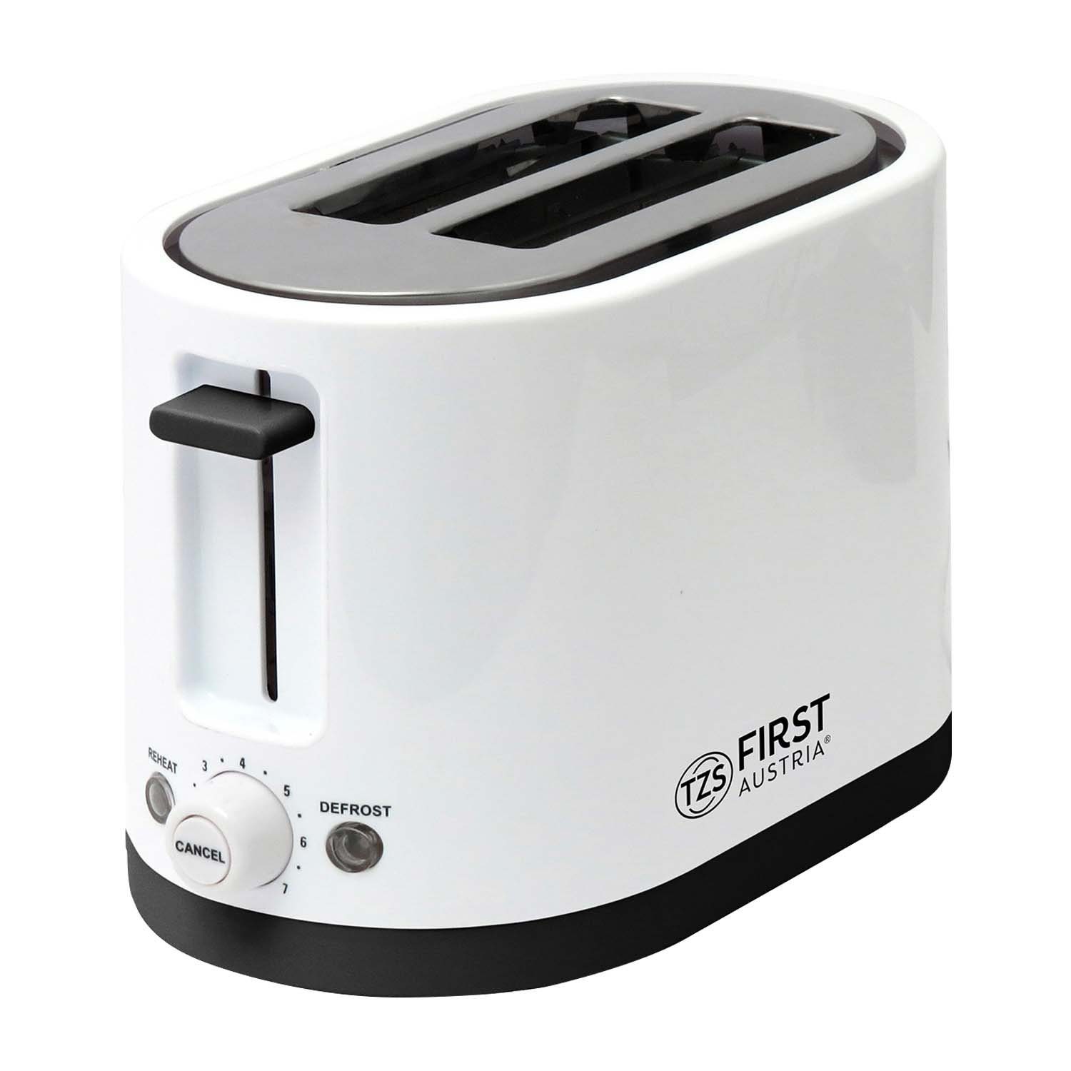 Toaster 750W, 2 Stufen, Warmhalte- Krümelschale 7 2 Scheiben, für Doppel TZS inkl. Kurzschlitz weiß, Auftaufunktion, und AUSTRIA Scheiben, Toaster, FIRST