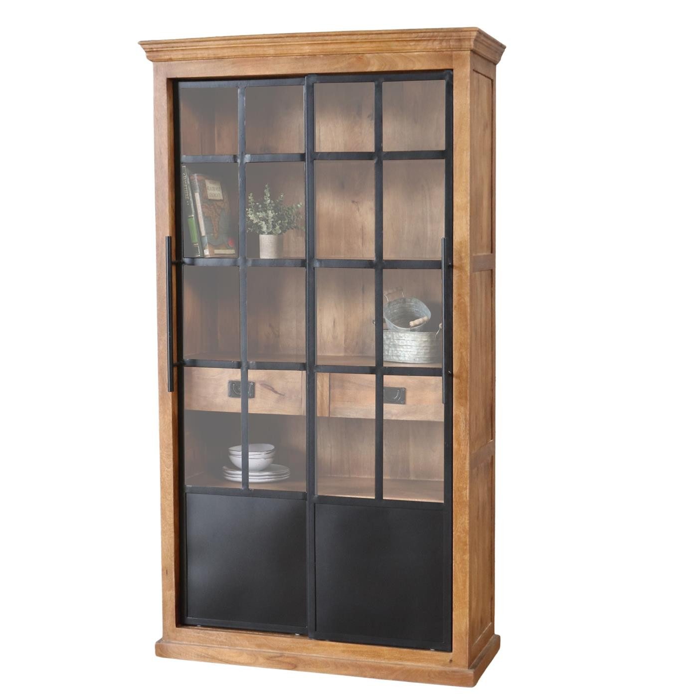 baario Vitrine Vitrine HOXT Industrial Style massiv Mangoholz & Eisen Schiebetüren