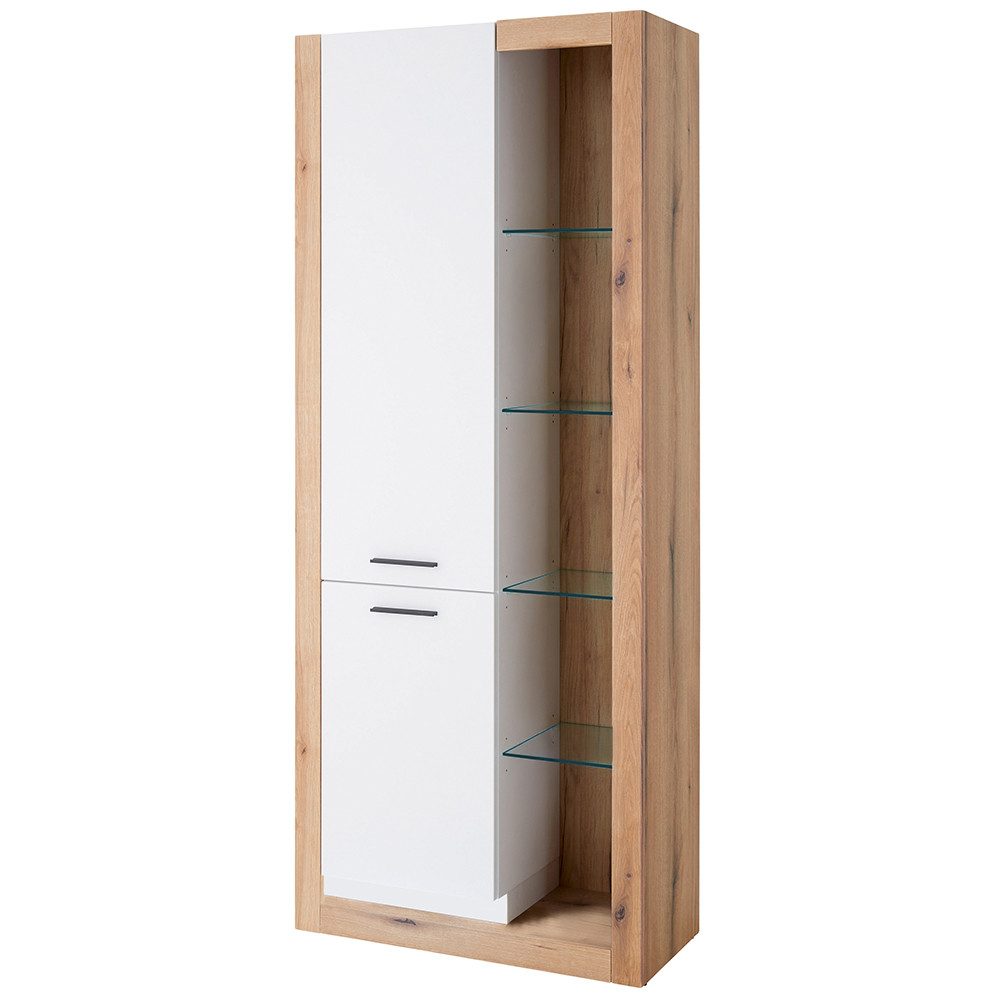 Lomadox Vitrine BELLAGIO-61 Wohnzimmerschrank in weiß mit Eiche 80 cm breit mit Glaseinlegeböden
