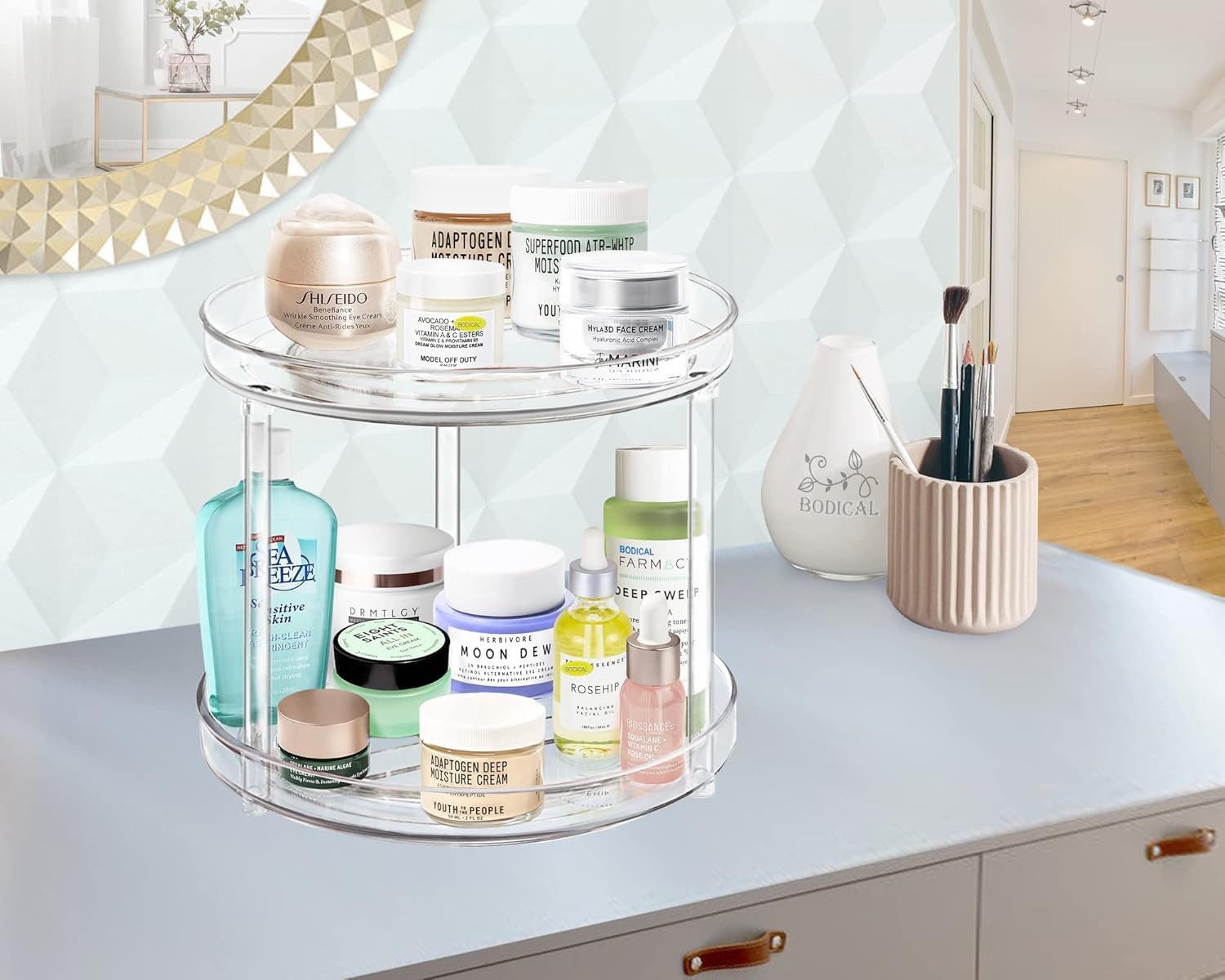SURFOU Badorganizer Schminktisch Organizer Drehbarer Organizer Make up Parfüm Organizer (2-stöckiger drehbarer Aufbewahrungsbehälter, 360° drehbarer Organizer,  – Bild 3 von 5