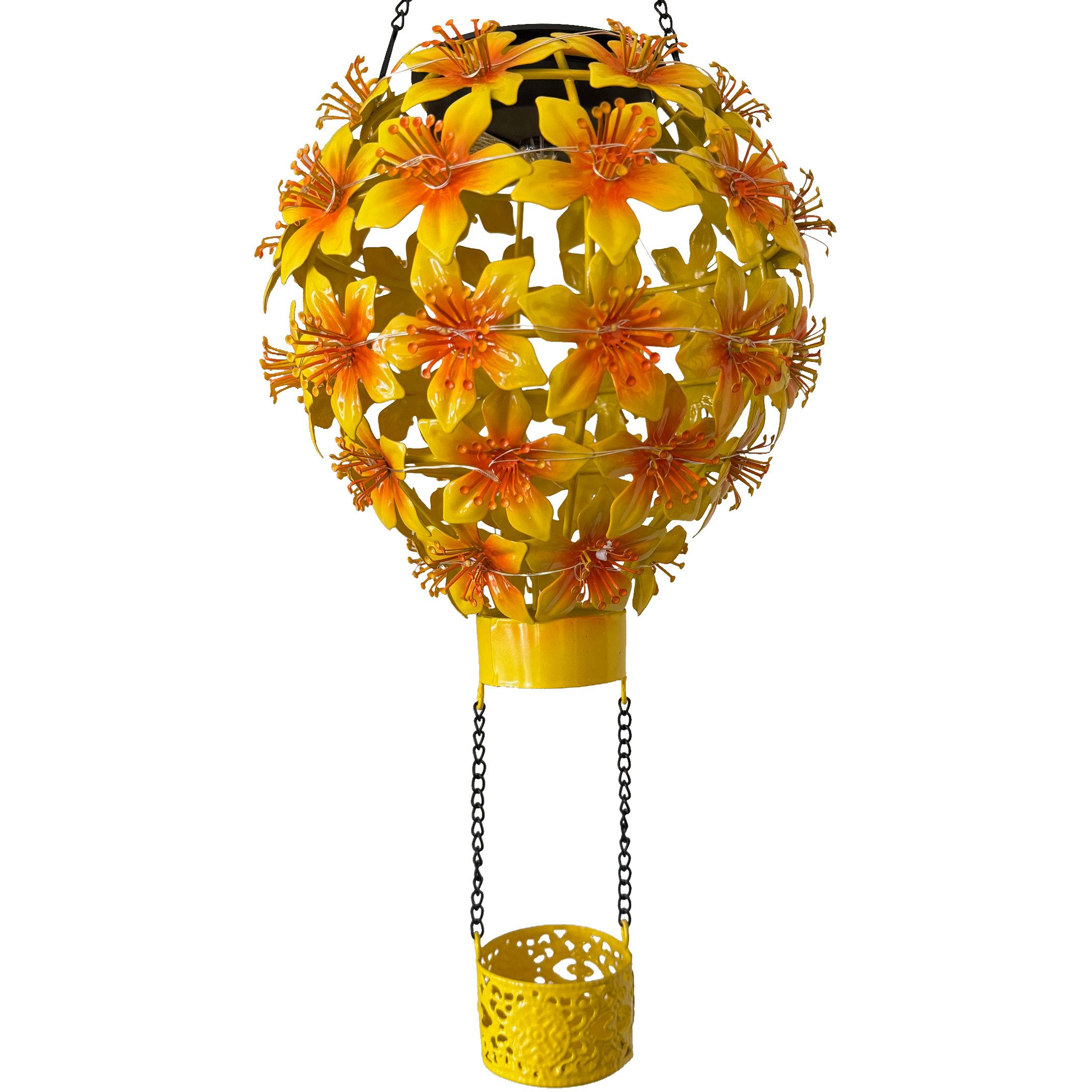 Online-Fuchs LED Gartenleuchte Solar Heißluftballon aus Metall mit Hibiskus Blüten, Gartendeko Lampen, Lichterkette mit 48 LED´s, warmweiß, ca. 60 cm groß mit Aufhängevorrichtung