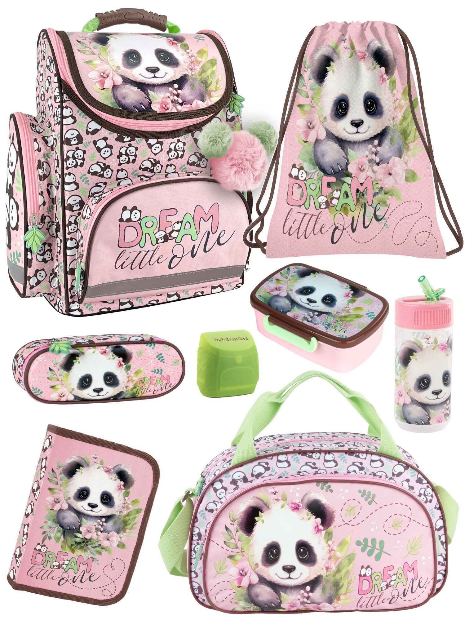 Familando Schulranzen Panda Bär Schultasche, rosa, für Mädchen 1. bis 4. Klasse (Set, 8-tlg., inkl. Federmappe, Lunch-Set und Sporttasche), ergonomisch, 1.010 Gramm leicht, 18L Volumen
