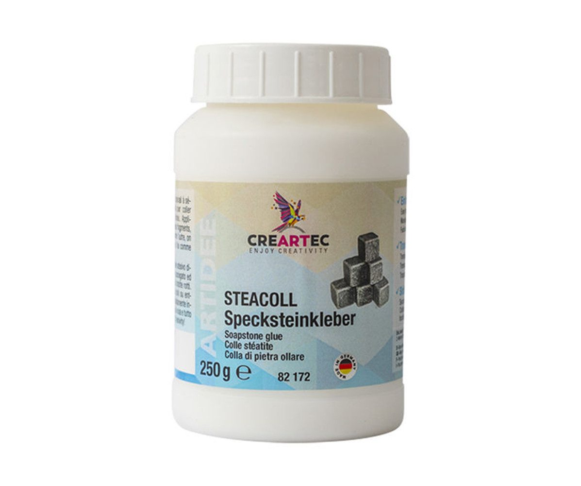 CREARTEC Klebstoff Steacoll Specksteinkleber - 250g - transparent trocknend, Ideal für Bastler, Künstler und Specksteinprojekte - Made in Germany