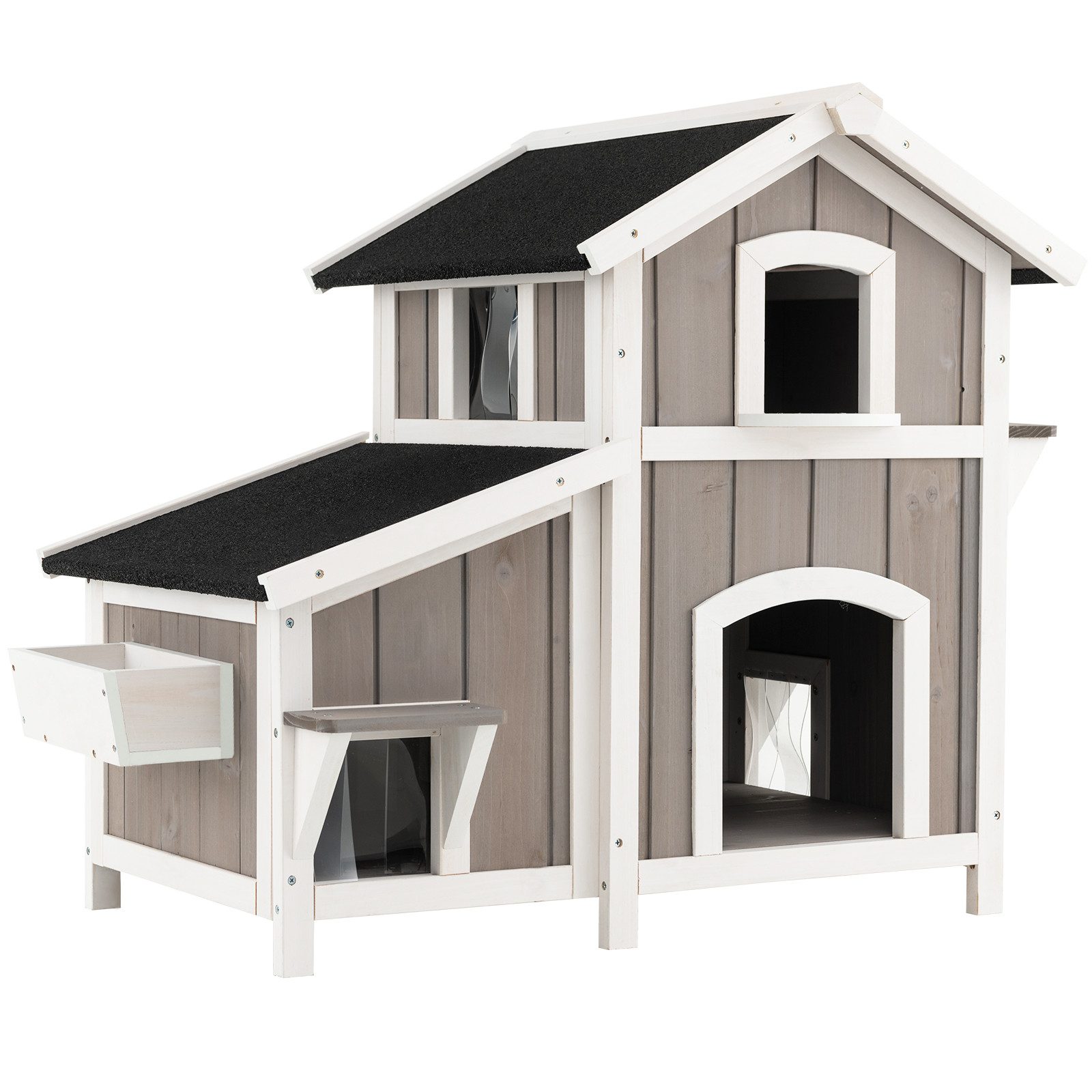 COSTWAY Tierhaus, Katzenhaus, 2-stöckig, mit Asphaltdach, für draußen