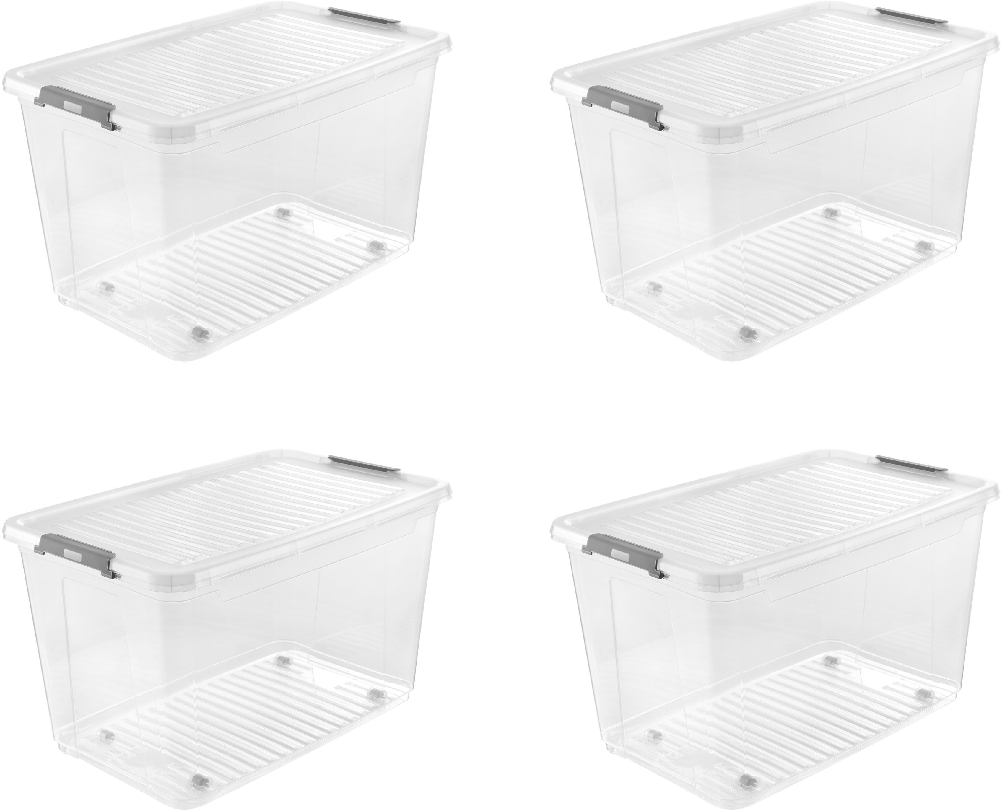 keeeper Aufbewahrungsbox Clipbox Leo (Set 4 St) 56 L, 59 x 38 x 35,5 cm (Set, 4 St), Schanierclips, Doppelöffnung, 90° drehbare Räder, fixierbarer Deckel