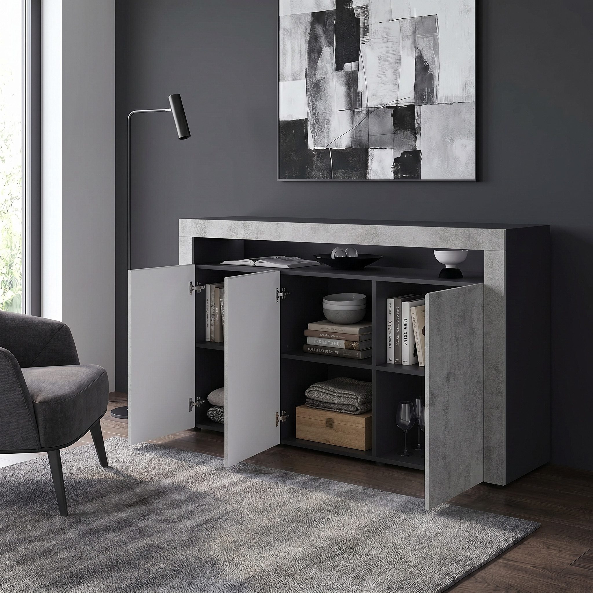Vladon Sideboard Valencia (Sideboard, mit 3 Türen und 1 offenem Fach), Schwarz matt/Beton Oxid Optik/Beton Oxid Optik (155 x 92 x 40 cm)