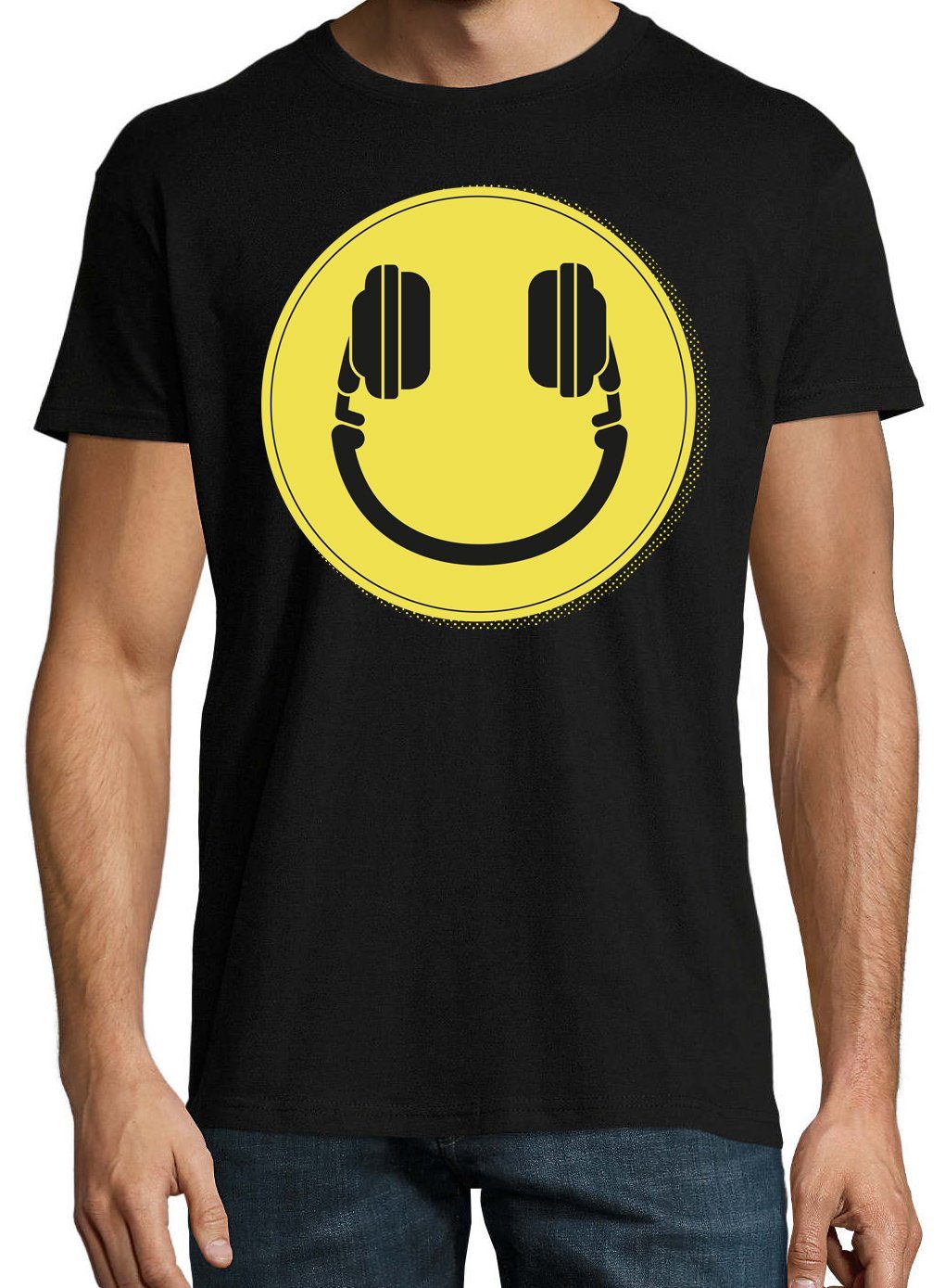 Youth mit Designz lustigem Frontprint Headset Schwarz DJ T-Shirt Smile Smiley Herren T-Shirt