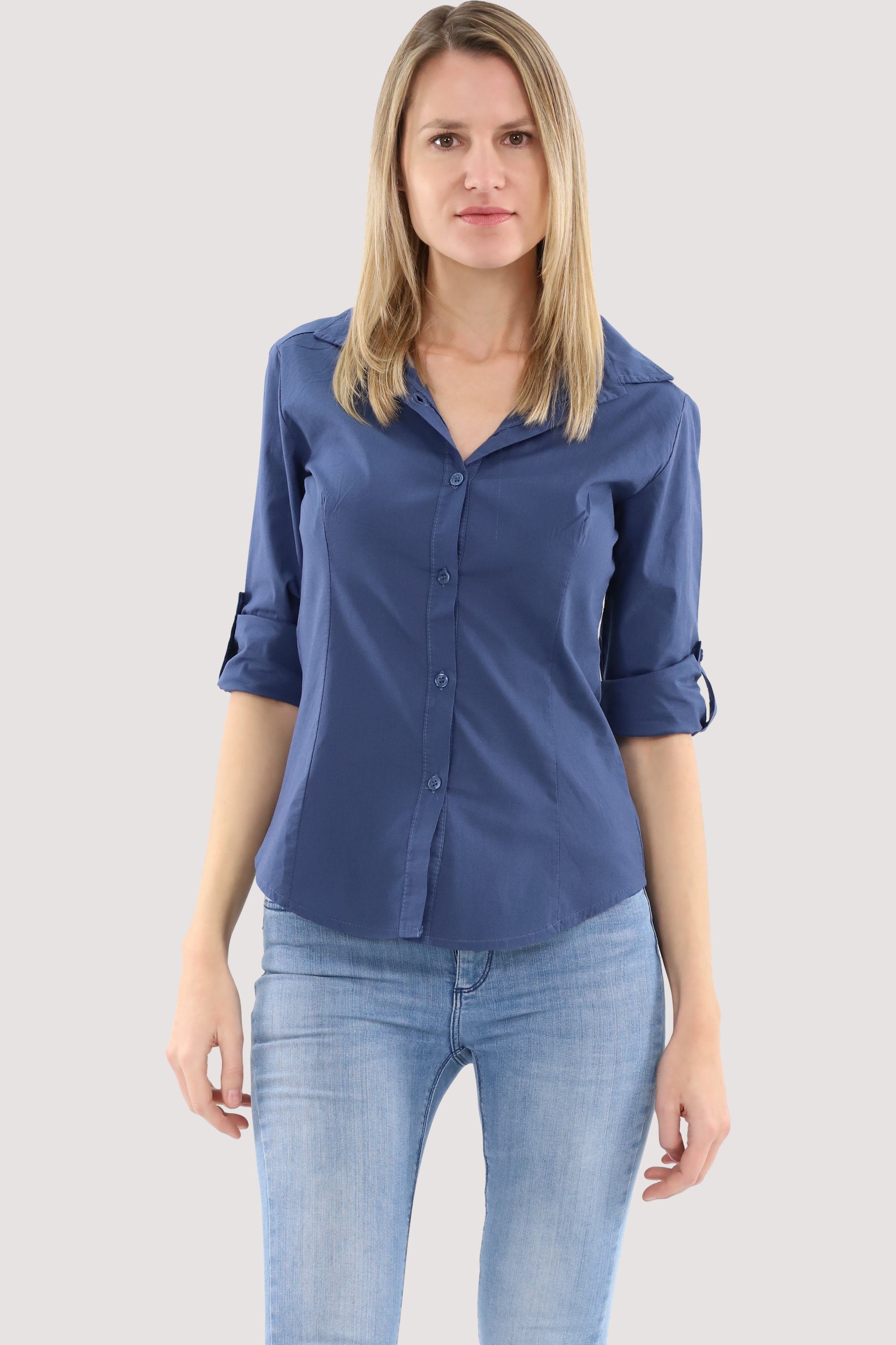 malito more than fashion Hemdbluse 8030 Blusenshirt Slim Fit mit 3/4 Krempelärmeln jeansblau