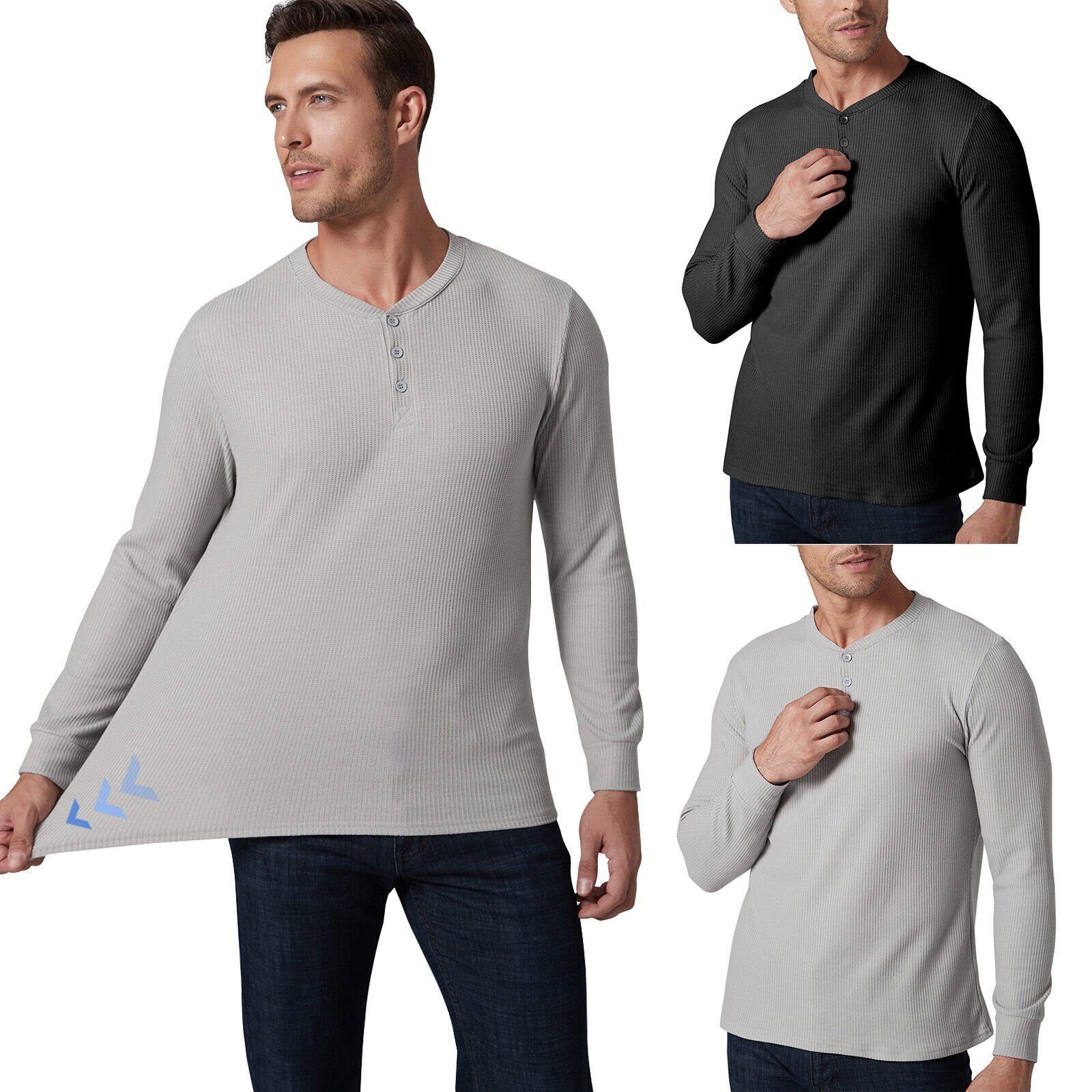 Knopfleiste, Herren Schwarz T-Shirt) Winter Langarm MEETYOO Warm (Thermal Knit mit Knöpfen Shirt Waffle Henley Großen Rundhalsshirt
