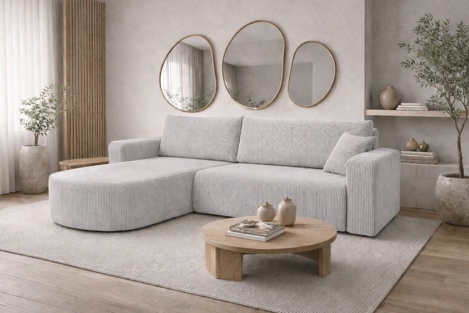 Kaiser Möbel Ecksofa mit Schlaffunktion für Wohnzimmer, Cordstoff Poso, ROUND ONE XL, XL-Format, abgerundete Form, Liegefunktion, Stauraum