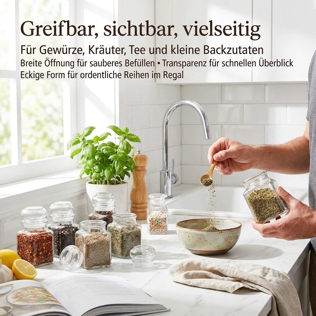 gouveo Vorratsglas Gewürzgläser 150 ml eckig mit Glaskorken - Gläser mit Glasstopfen, (24-tlg), Glaskorken, eckige Form, luftdicht verschließbar – Bild 5 von 5
