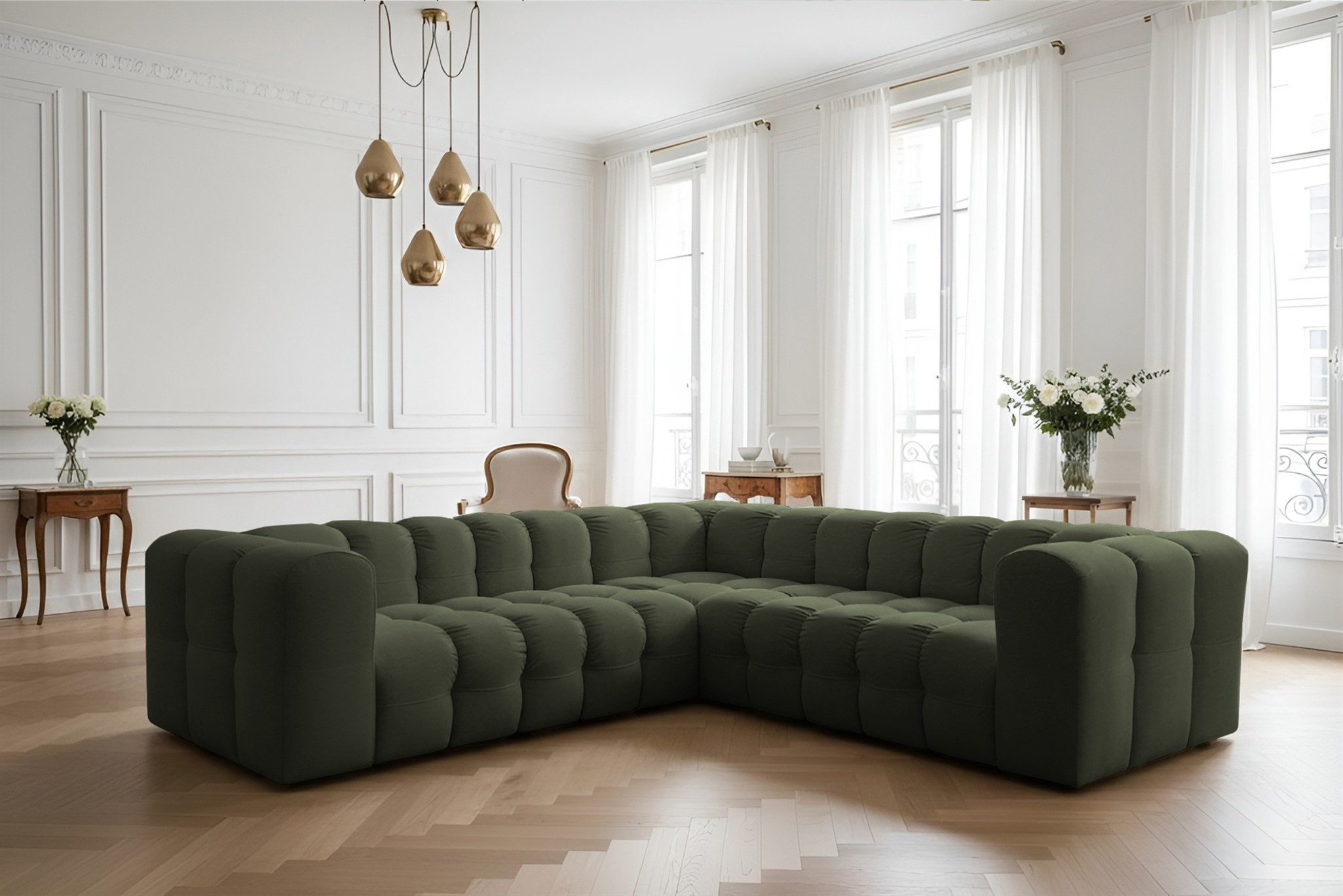 Fun Möbel Ecksofa Designersofa SOLVIE XS Universal (270cm), Stoff Moly oder Tiffani, Sofa-Rücken echt bezogen