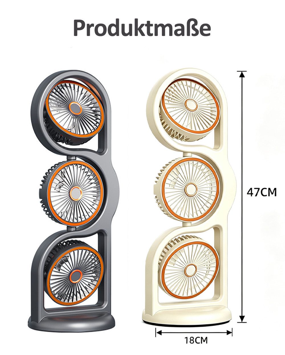MOPUEA Standventilator 360° drehbarer 3-Kopf-Luftzirkulationsventilator USB-Tischventilator, 5 Stufen Standventilator Luftzirkulation Leiser Betrieb USB Aufladbar