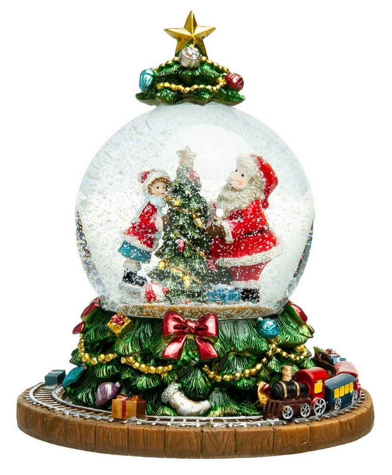 SIKORA Schneekugel SK18 Weihnachtsmann am Baum mit fahrendem Zug und Spieldose D:10cm