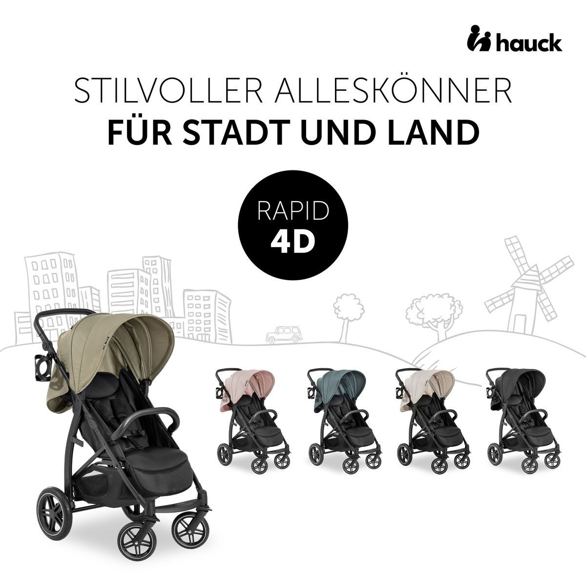 Hauck Sportbuggy Rapid 4D - Classic Beige, Sportwagen mit Liegefunktion, höhenverstellbar bis 25 kg inkl. Zubehör