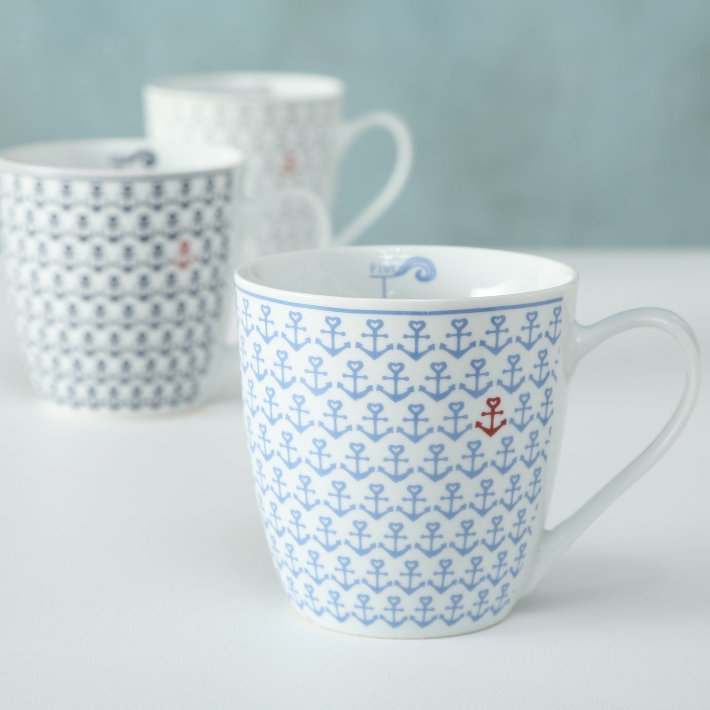Becher Jumbobecher aus Keramik, Mit Henkel, 3-tlg., Keramik, 3er Set Keramikbecher, Maritim