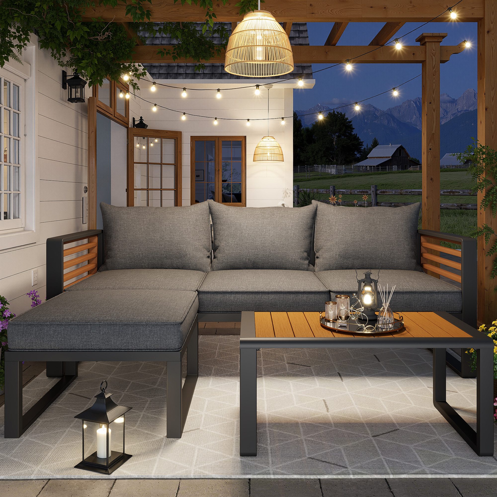 Merax Gartenlounge-Set aus Kunstholz, Gartenmöbel mit verzinktem Eisenrahmen, (Kunstoffholz-Tischplatte & Verstellbare Füße, 4-tlg), 4-Sitzer Sitzgruppe mit 3-Sitzer-Sofa, Hocker und Tisch