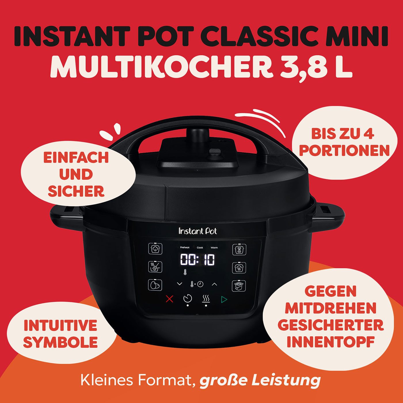 Instant Pot Multikocher Classic Mini 7-in-1 Schongarer 2-3 Portionen Reiskocher, 800 W, 3.8 l Schüssel, Spülmaschinenfester Edelstahl-Innentopf, Deckel und Zubehör