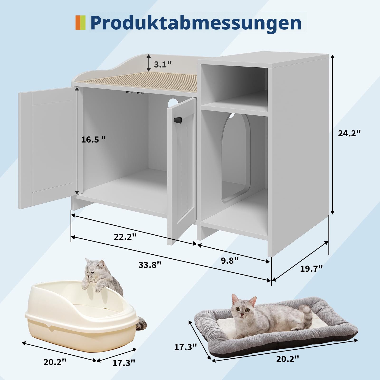GarveeMore Katzenhaus Katzentoiletten-Schrank mit Seitentür, erhöhter Rand, Belüftung, 2 Türen, 1 offenes Fach