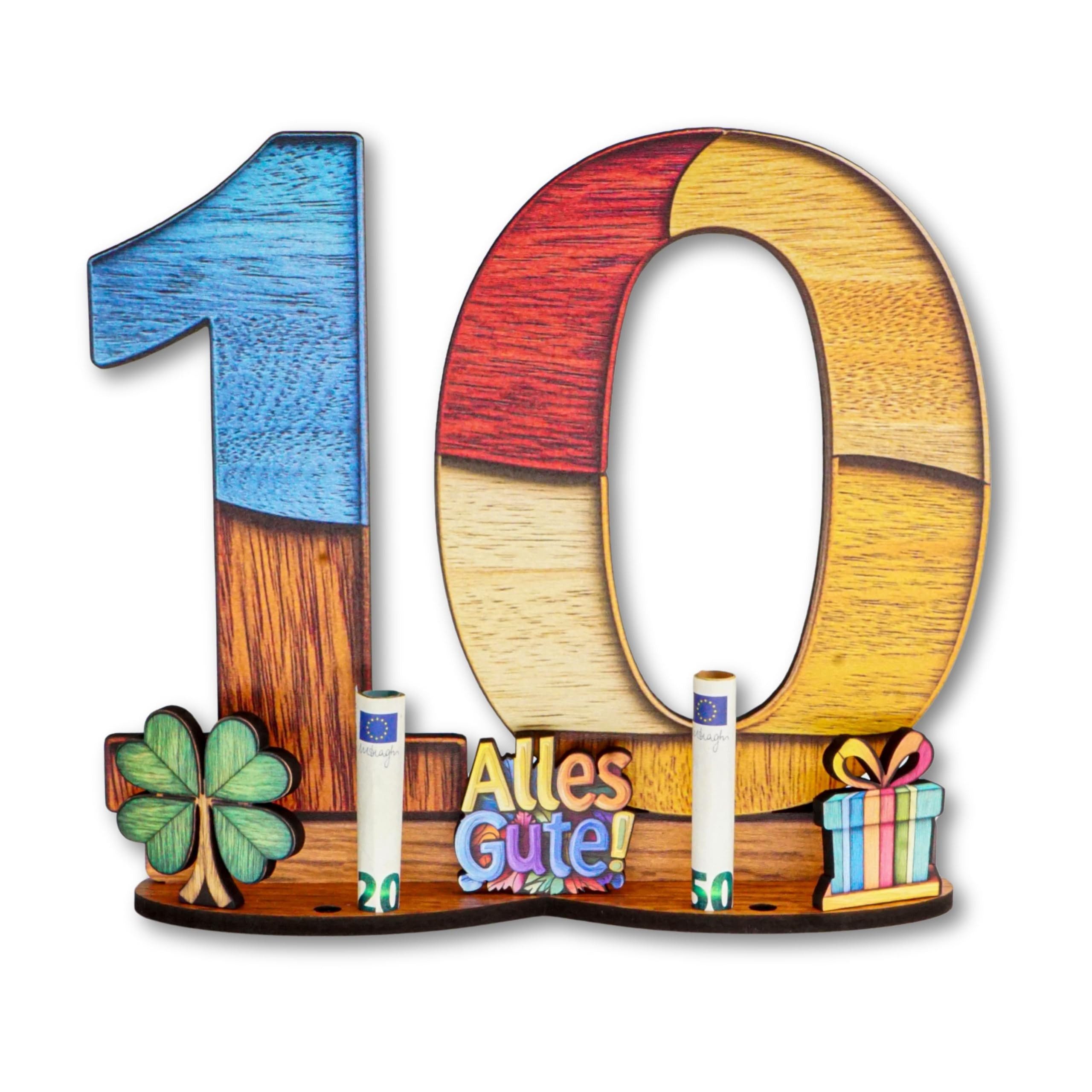 DARO Design Dekoobjekt Geldgeschenk Geburtstag Holzschild Gästebuch mit Ständer (Geschenkset, 10 Jahre – Geldscheinhalter), B 28 × H 24 × T 7 cm, 6 mm HDF