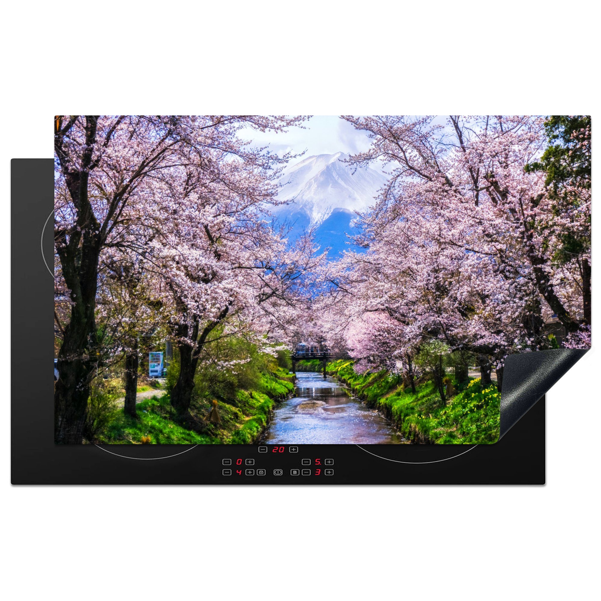 MuchoWow Herdblende-/Abdeckplatte Omiya-Brücke mit Sakura-Bäumen, Vinyl, (1 tlg), 83x51 cm, Ceranfeldabdeckung, Arbeitsplatte für küche