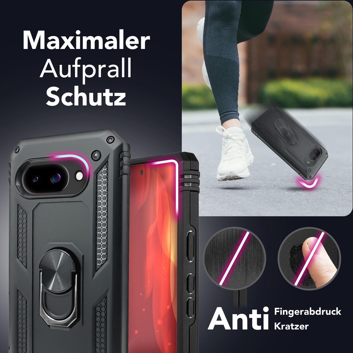 Nalia Smartphone-Hülle Google Pixel 9a, Military Panzerhülle / Stoßabsorbierend / 360° Ring / Standfunktion