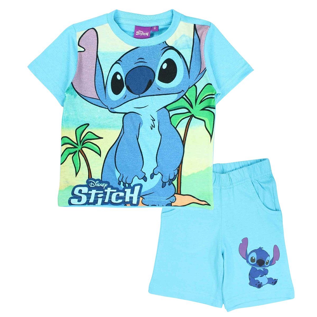 Lilo & Stitch & T Gr. (2 - tlg) 98 cm Hellblau Kurze Jungen Hose Shorty -Shirt Set 128