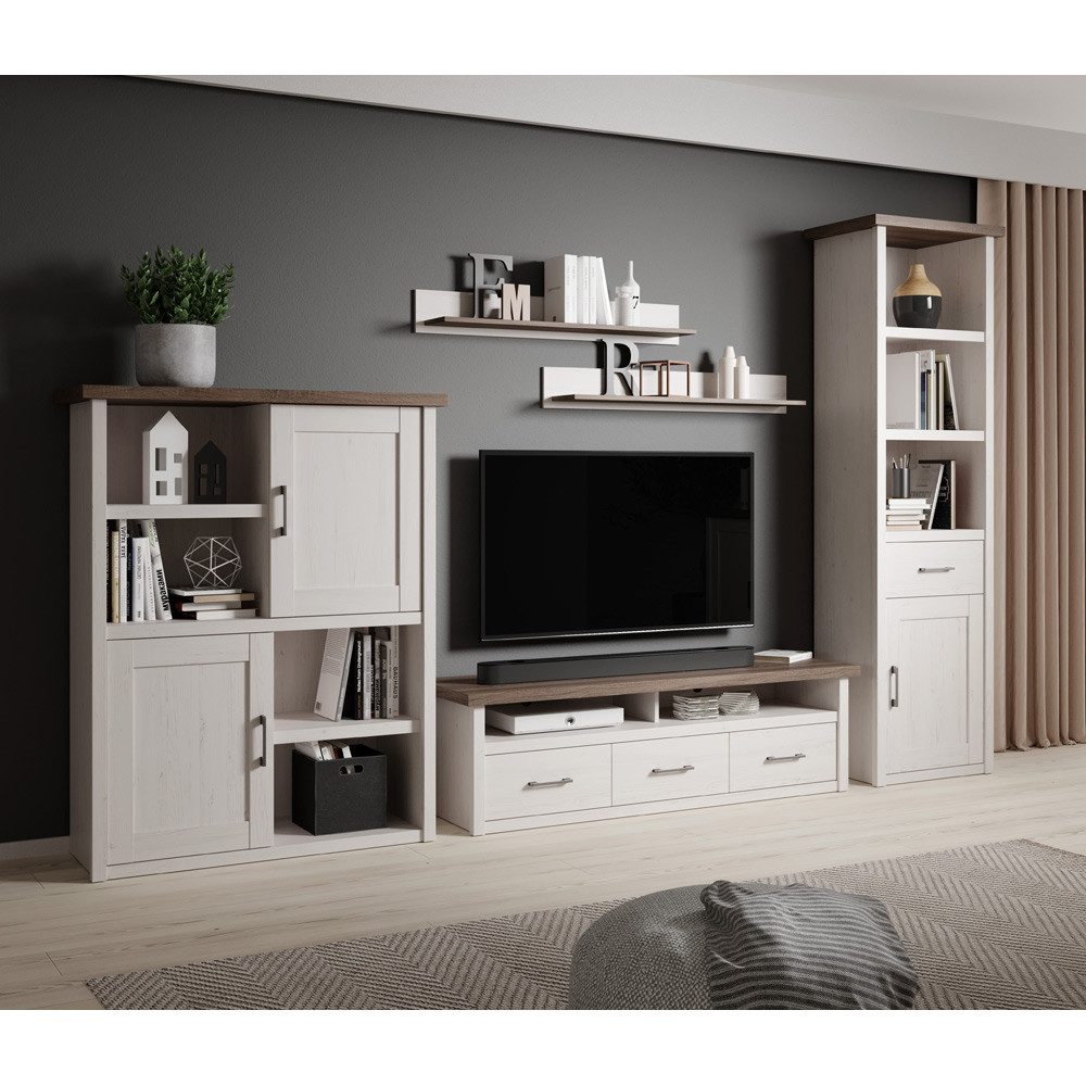 Lomadox Wohnzimmer-Set LUND-78, (Mega-Spar-Set, 5-St., 5-tlg), im Landhausstil in Pinie weiß Nb./Trüffel Eiche Nb. 344/201/43 cm