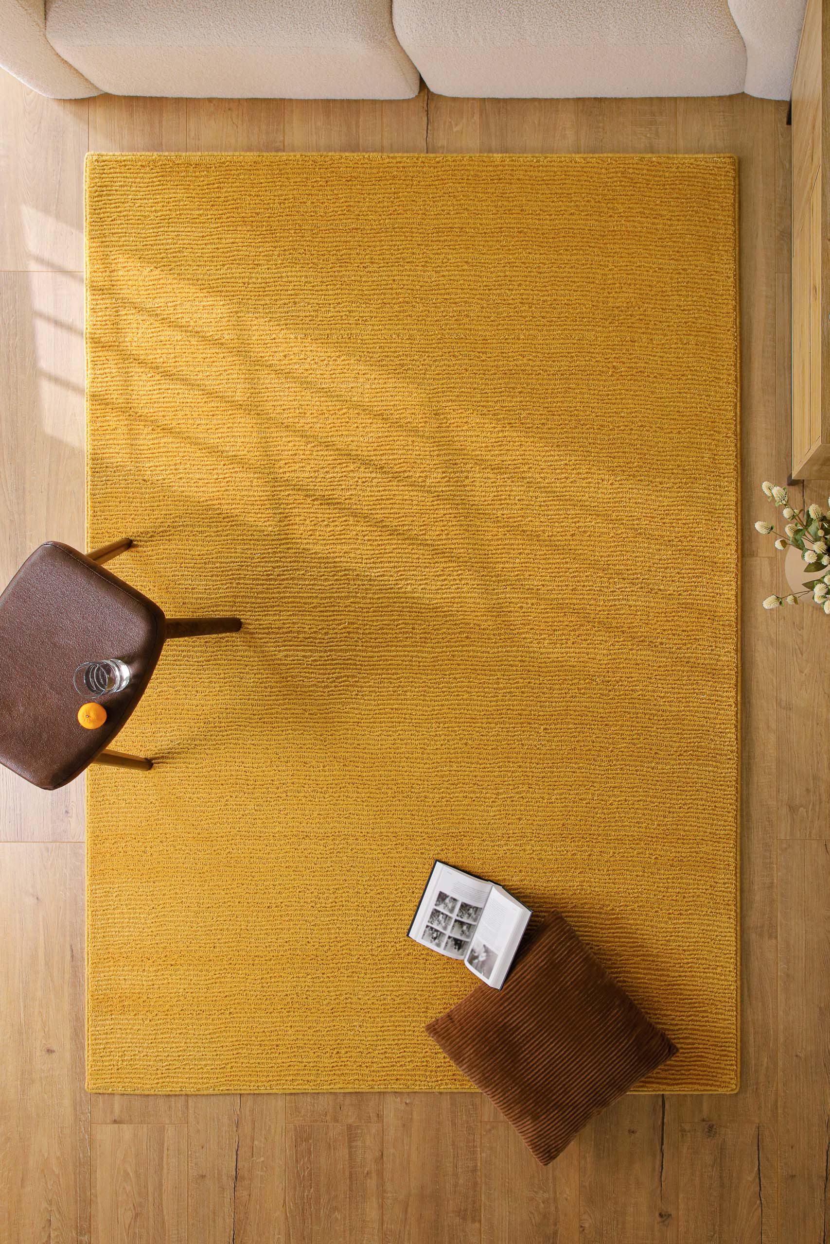 Wecon home Teppich Castello ONE, rechteckig, Höhe: 7 mm, Schurwolle, Kurzflor mit Hoch-Tief-Effekt, Wohnzimmer, Streifenmuster