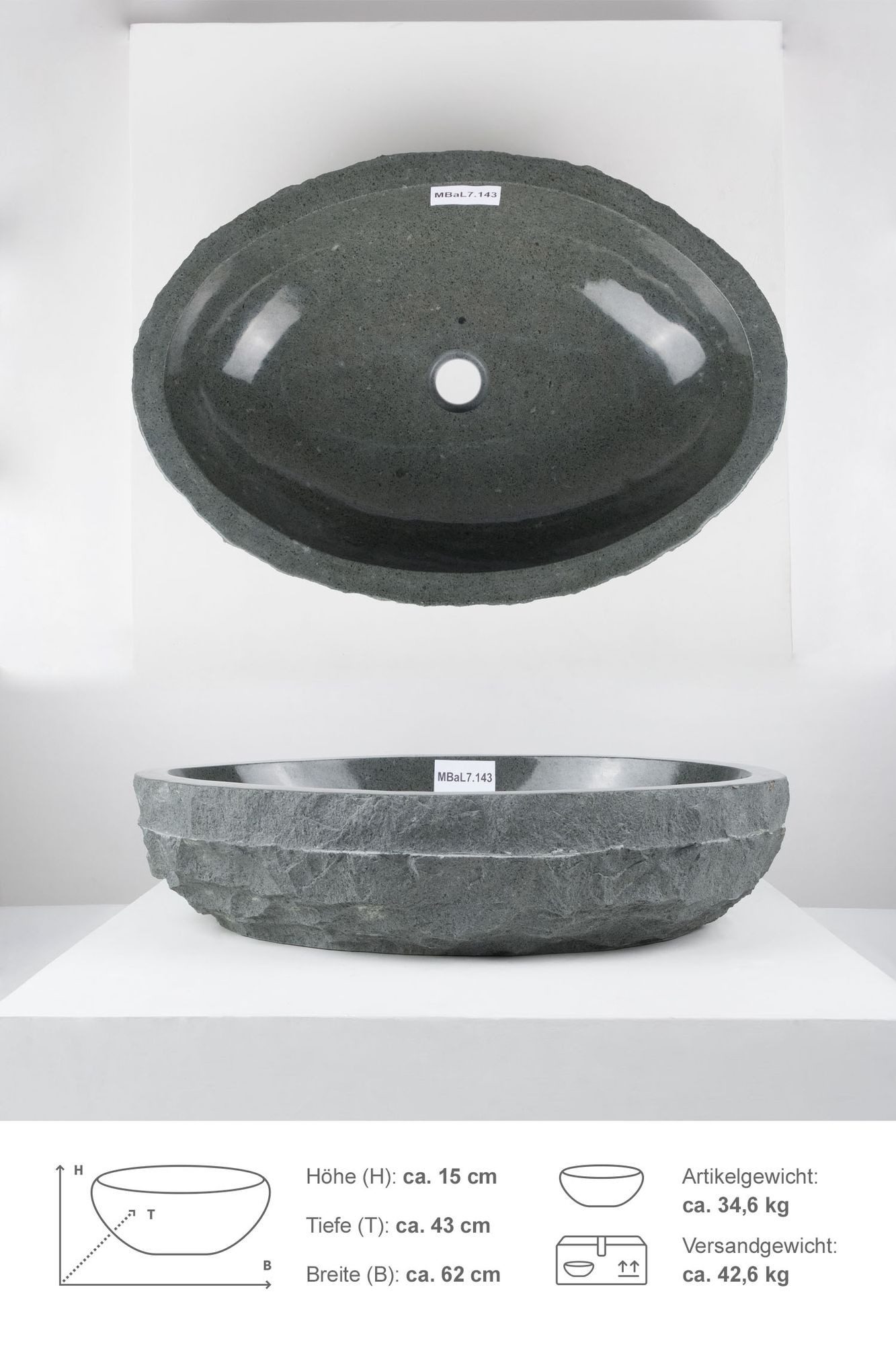 wohnfreuden Aufsatzwaschbecken Erosi Andesit Waschbecken 60 cm anthrazit natur (Kein Set), 125590_MBaL7.143