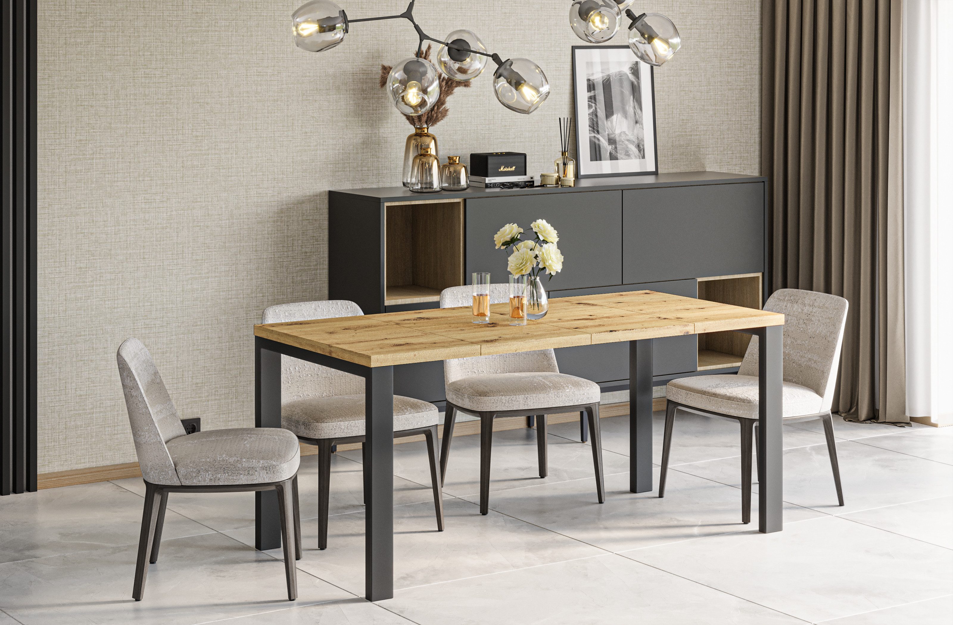 Endo-Moebel Kulissen-Esstisch "Garant 80" 80-170cm ausziehbar erweiterbar Metallgestell Küchentisch, elegantes & modernes Design, leichter Aufbau, 45cm Erweiterungsplatten
