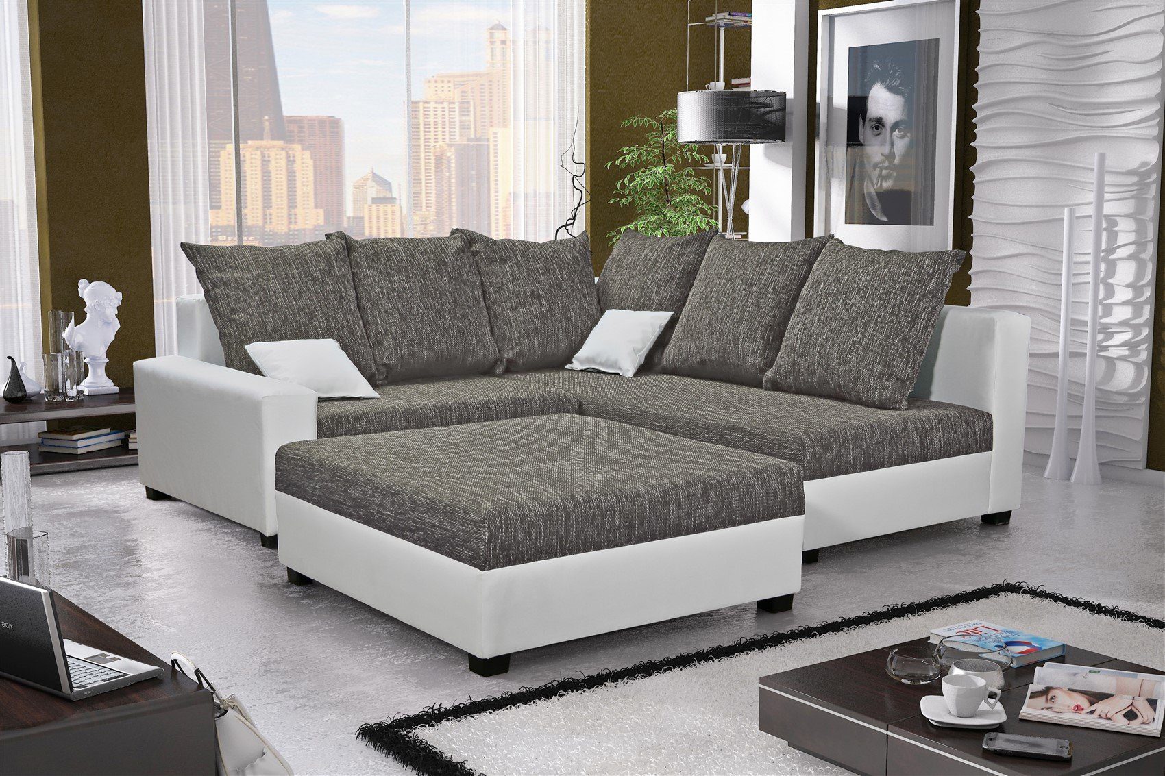 Fun 2x NINA Rechts Hocker Sofa mane x Links, Ecksofa inkl oder und Möbel inkl. Weiß/Grau 6 Zierkissen, Rückenkissen