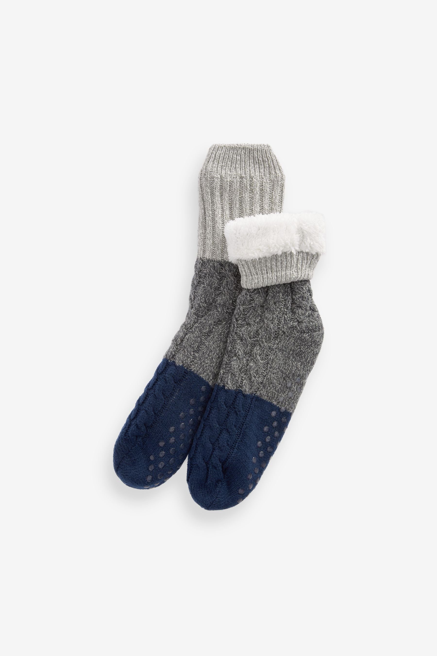 Next Haussocken Slipper-Socken mit (1-Paar) Block Grey Blue Zopfmuster
