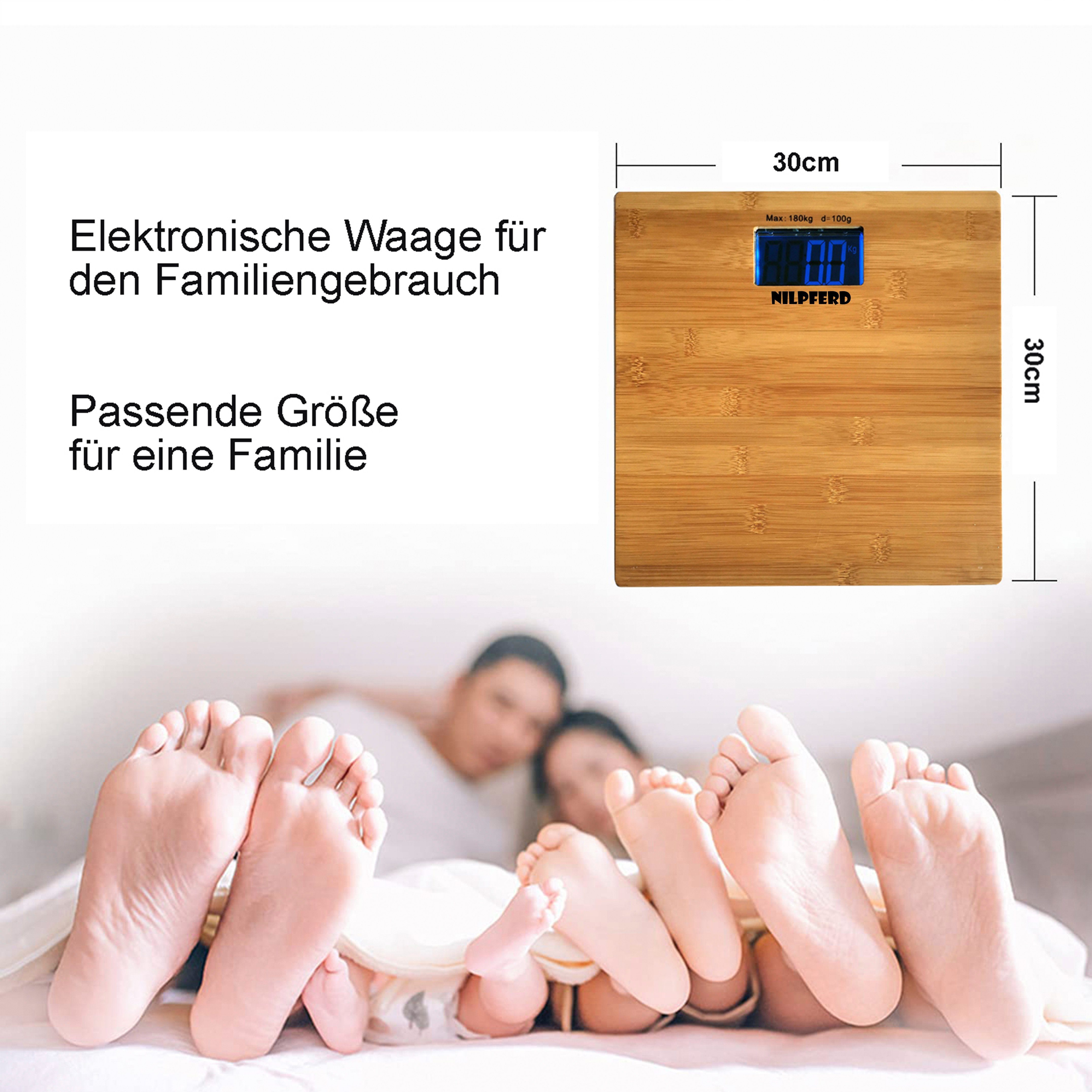 Zedelmaier Personenwaage Personenwaage aus echtem Bambus Badezimmerwaage Badwaage 180kg, D=100g, 30x30cm Trittflaeche, Personenwaage Umweltfreundlich