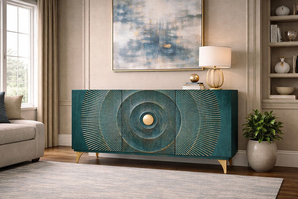 riess-ambiente Sideboard GOLDEN SUNSET 140cm türkis/gold - Massivholz, 3D-Front, Soft-Close (Einzelartikel, 1 St), handgefertigt mit viel Stauraum – ideal für Wohnzimmer & Esszimmer