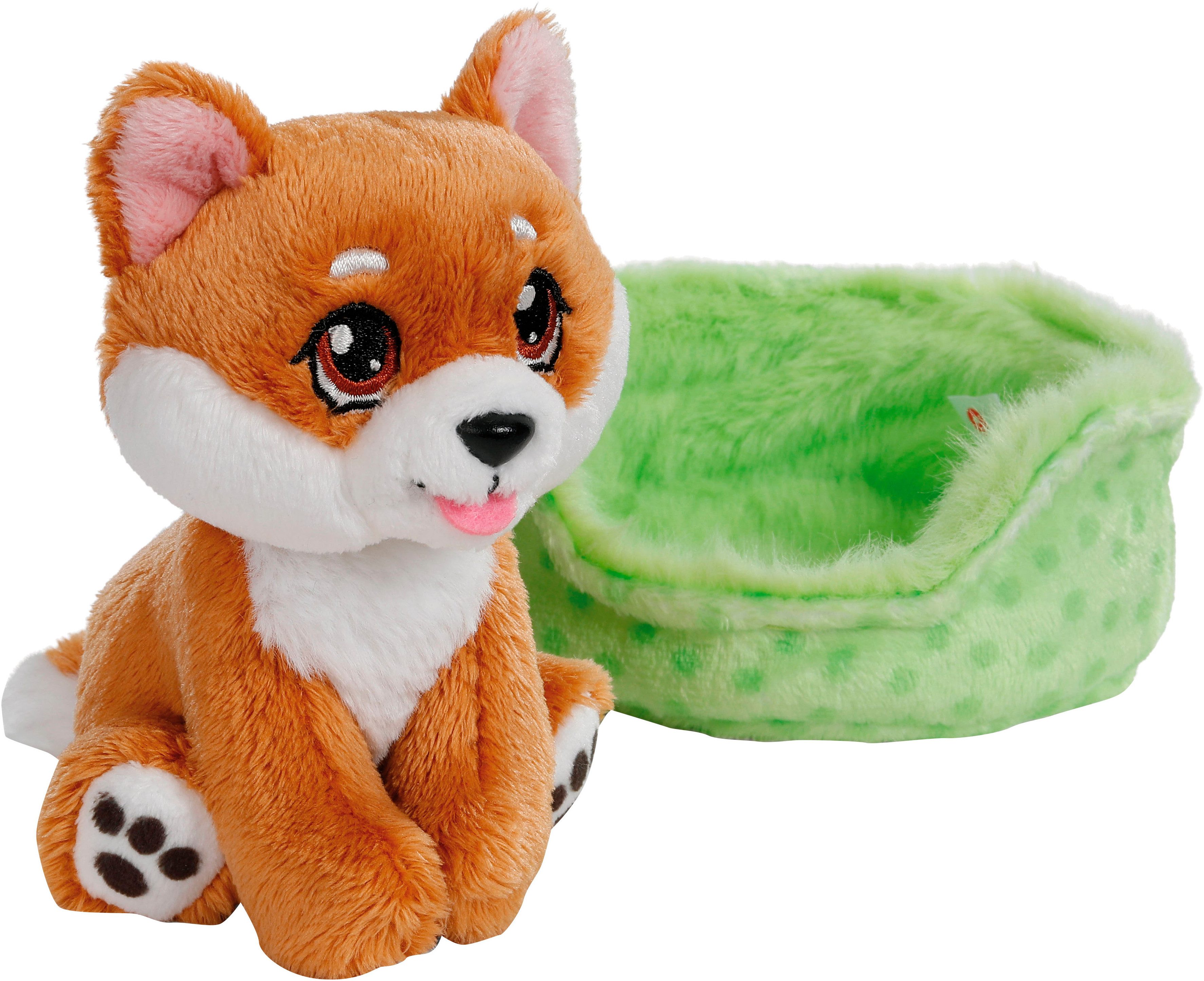 Nici Kuscheltier Little Paws, Hund Shiba Inu, 12 cm, im Körbchen grün
